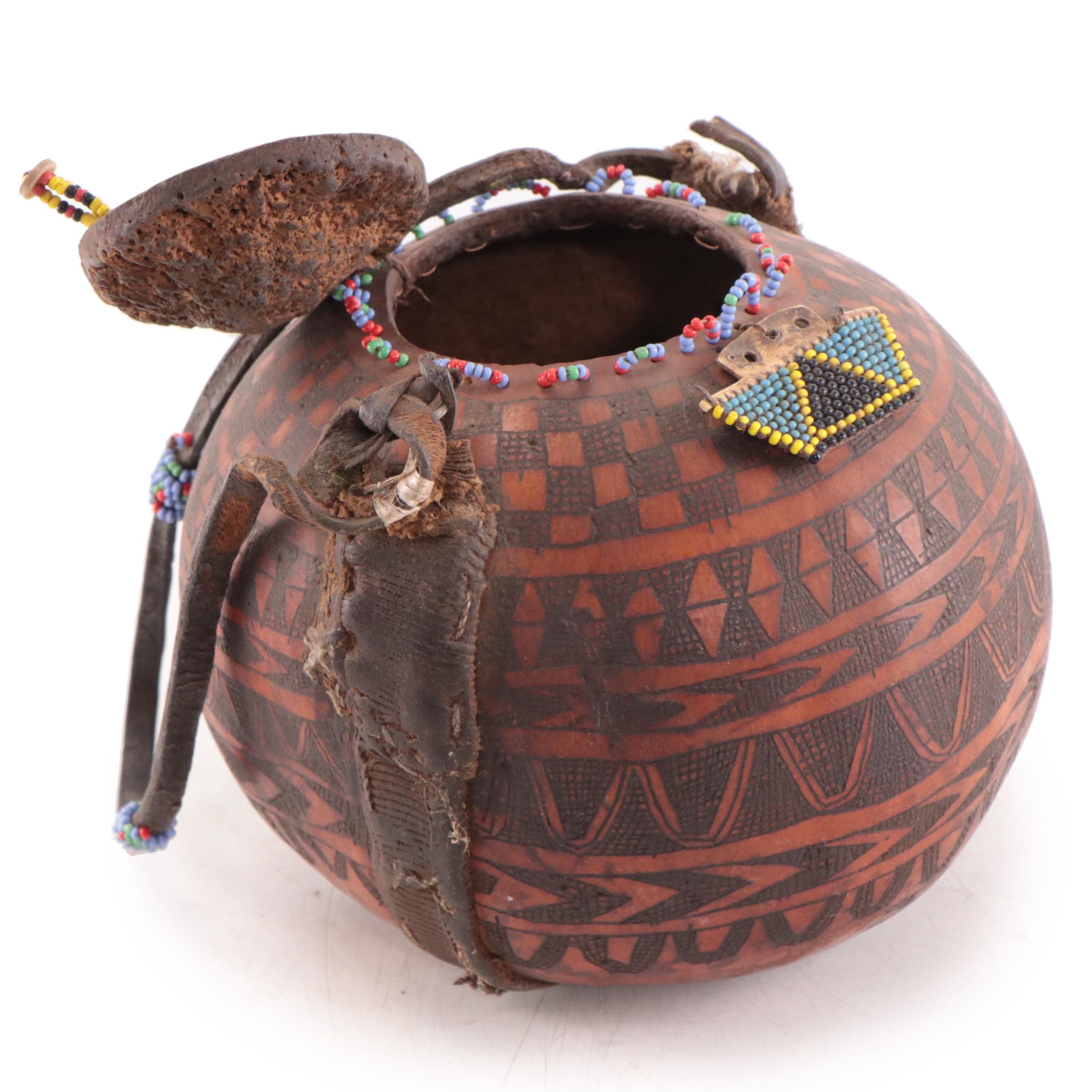 Southeast Asian Beaded and Hand-Carved Wooden Lidded Vessel