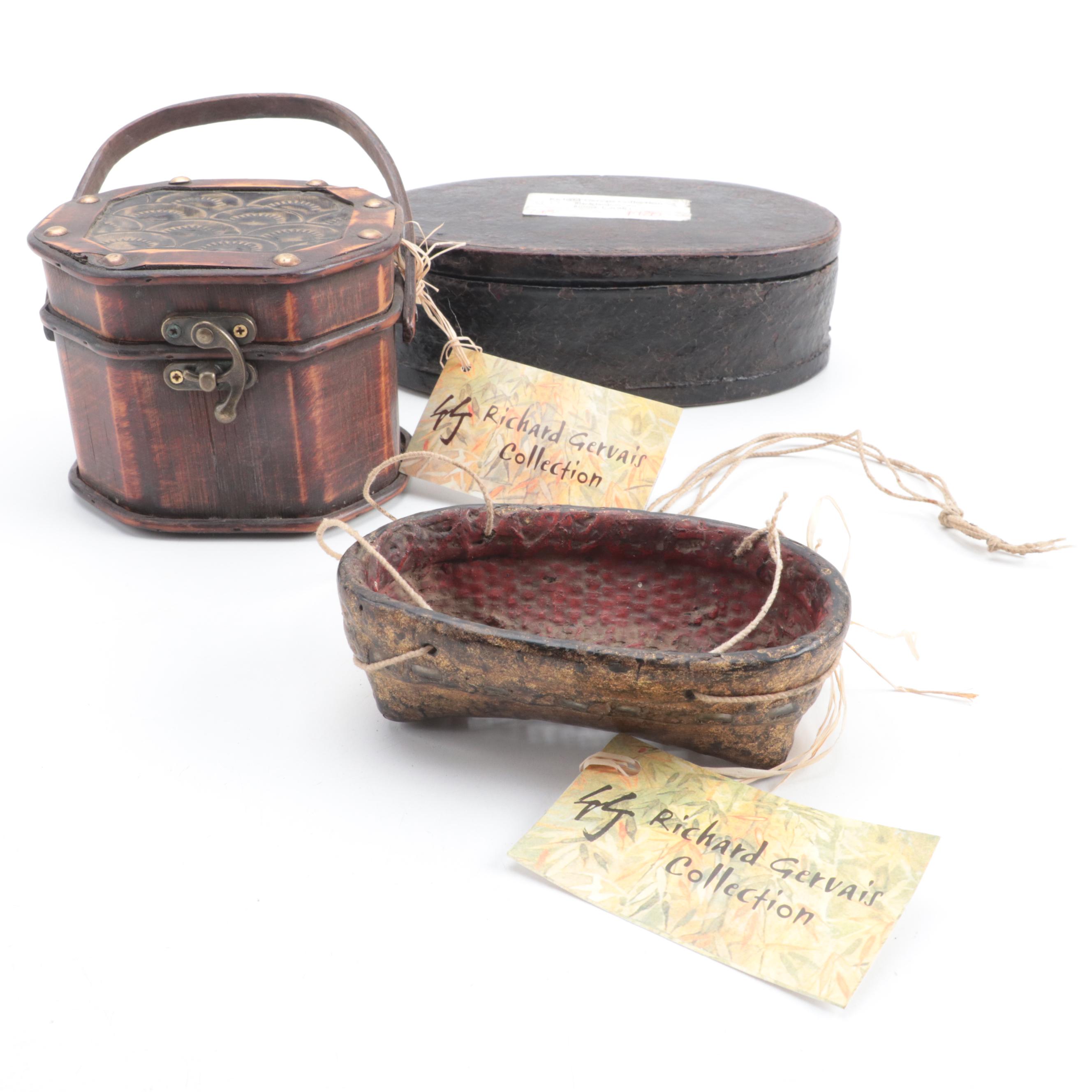 Indonesian Bamboo Box with Burmese Bamboo Woven Basket and Black Lacquer Box