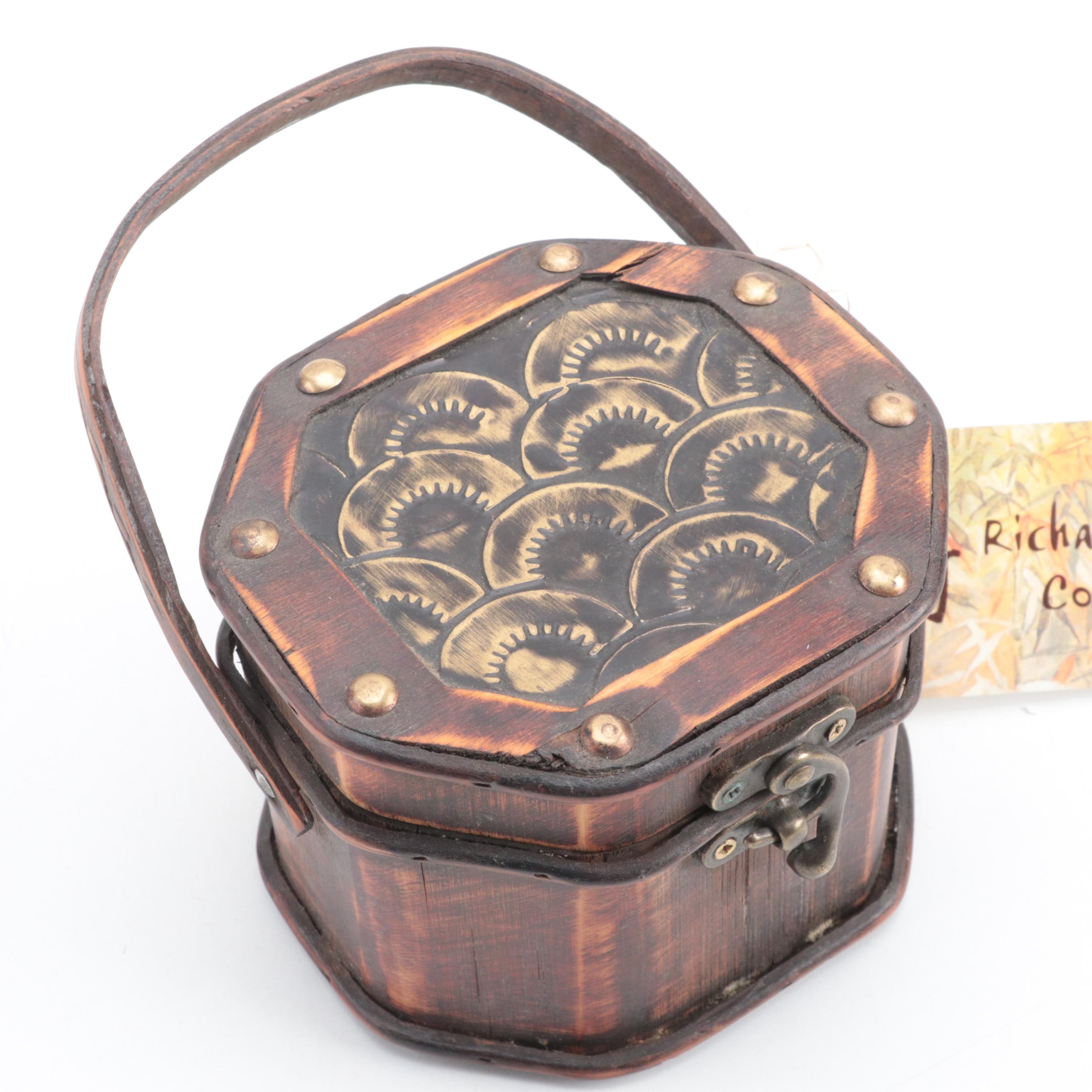 Indonesian Bamboo Box with Burmese Bamboo Woven Basket and Black Lacquer Box