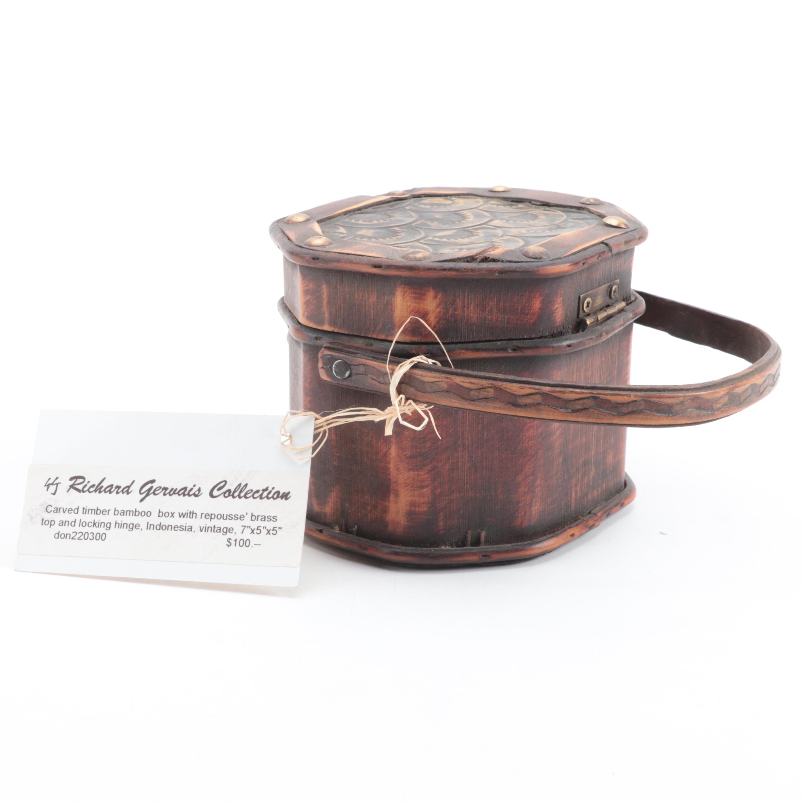 Indonesian Bamboo Box with Burmese Bamboo Woven Basket and Black Lacquer Box