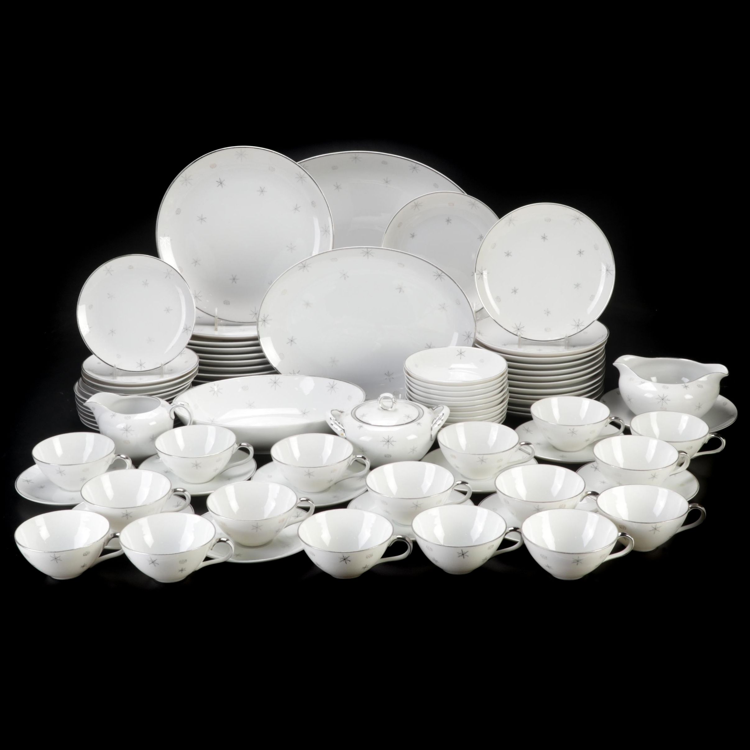 Mid-Century Japanese "Snowflake" Porcelain Dinnerware and Serveware