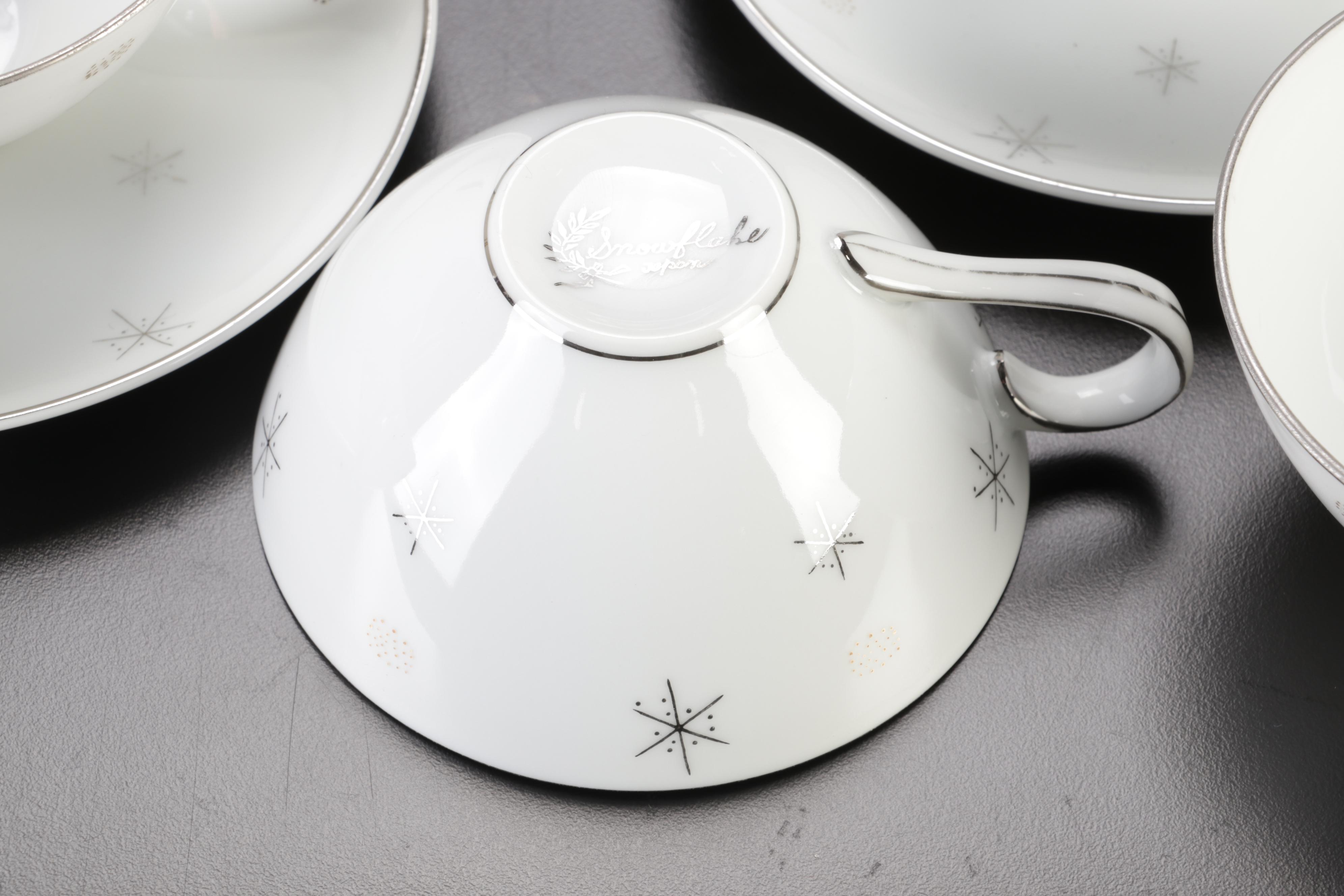 Mid-Century Japanese "Snowflake" Porcelain Dinnerware and Serveware