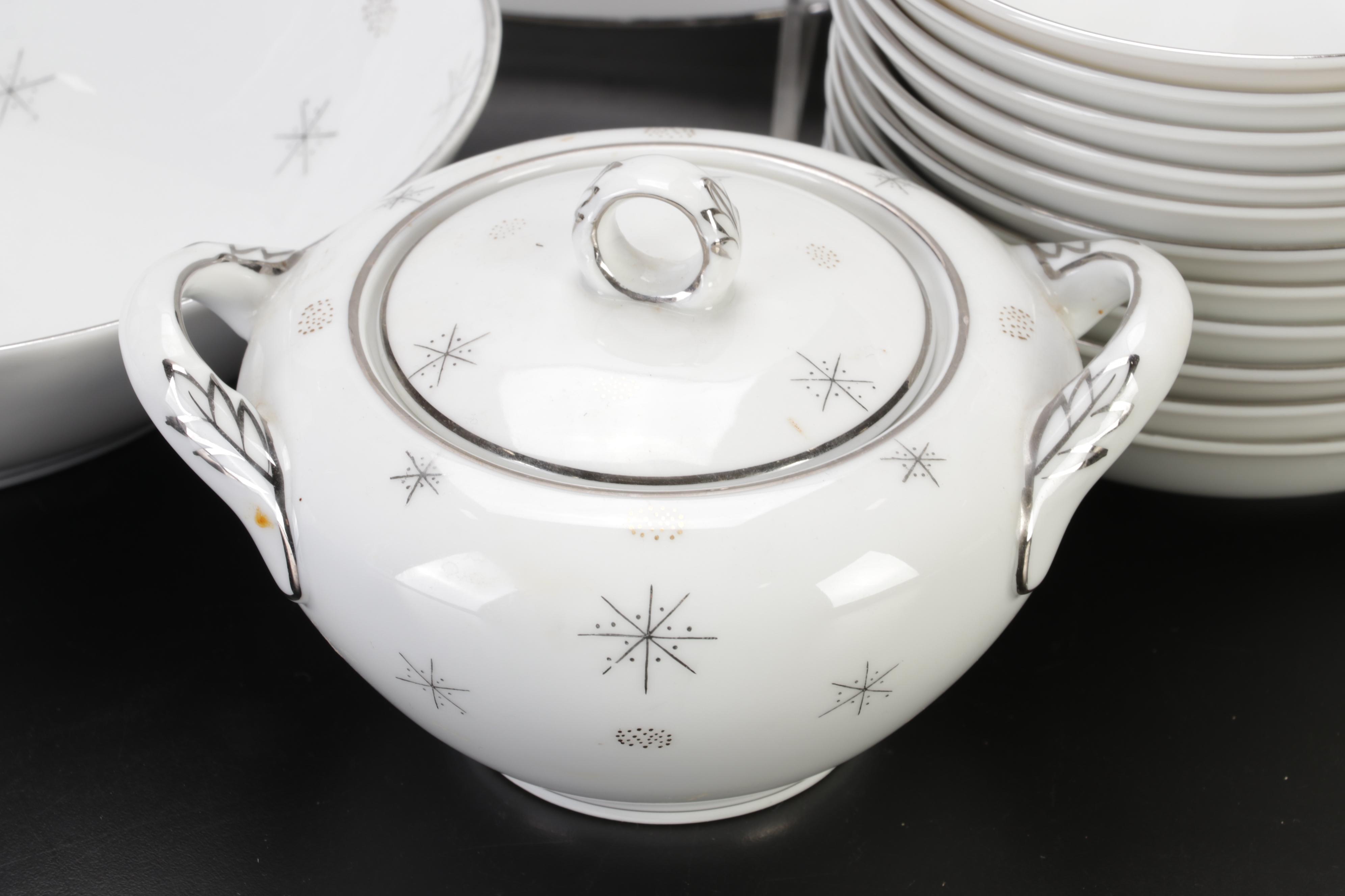 Mid-Century Japanese "Snowflake" Porcelain Dinnerware and Serveware