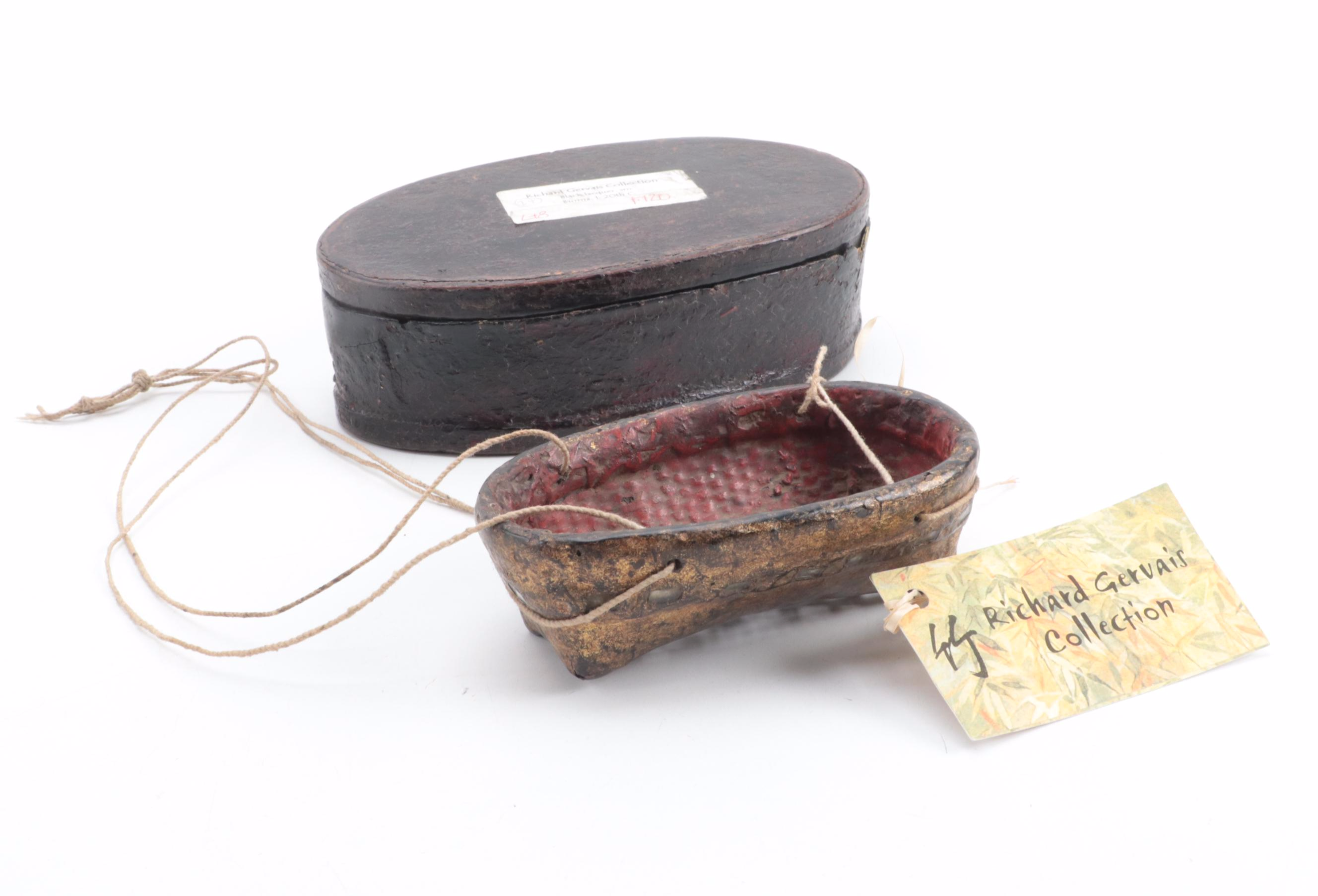 Indonesian Bamboo Box with Burmese Bamboo Woven Basket and Black Lacquer Box