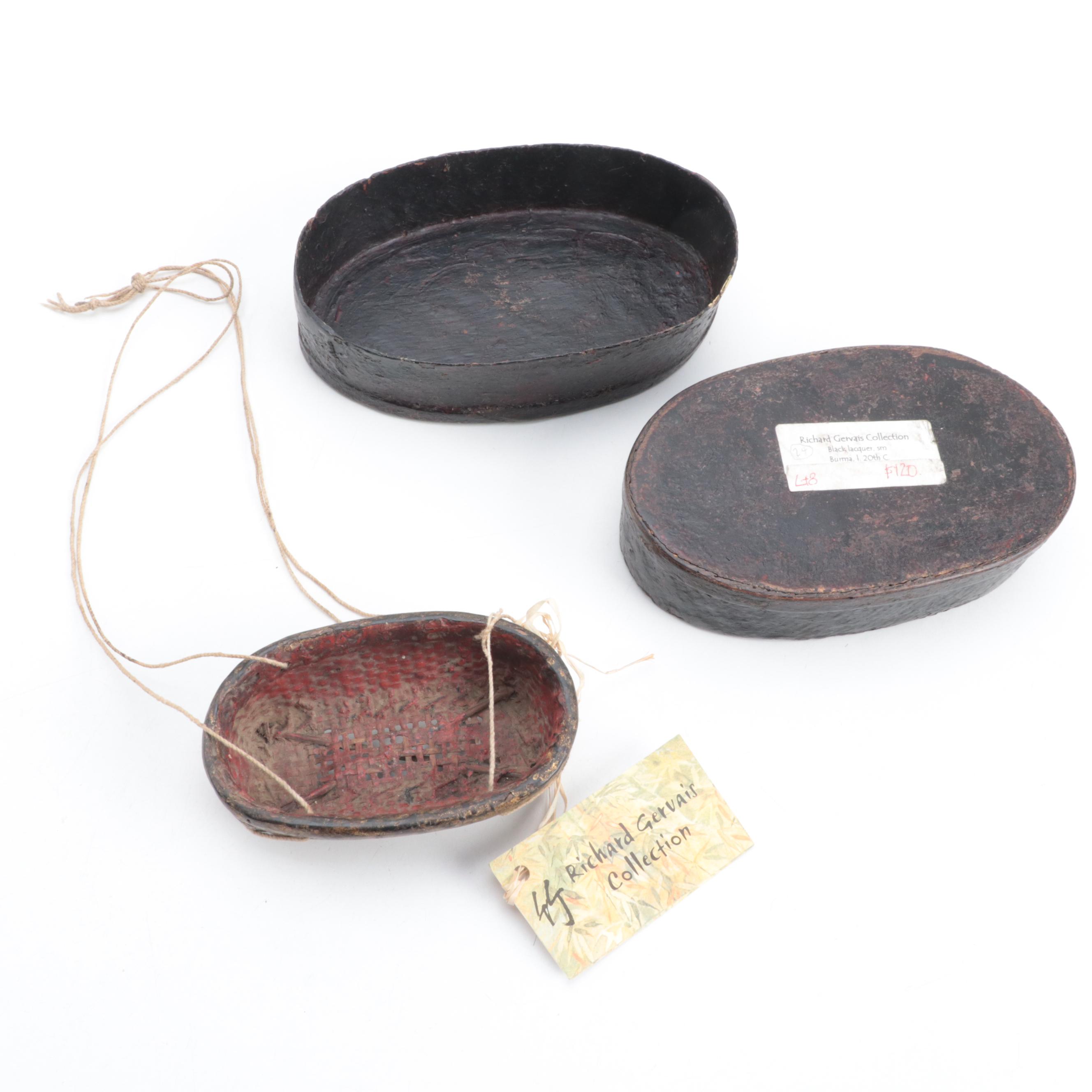 Indonesian Bamboo Box with Burmese Bamboo Woven Basket and Black Lacquer Box