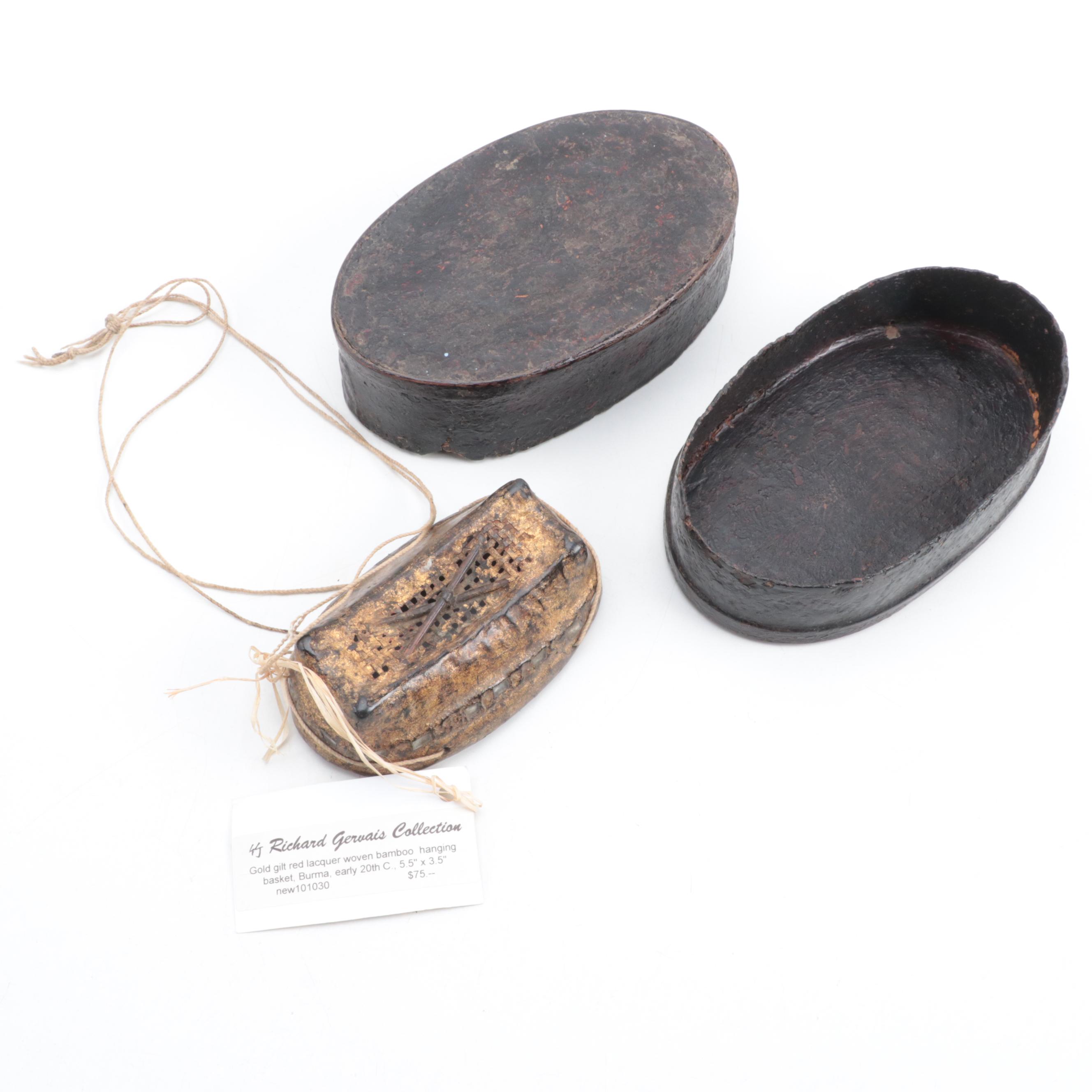 Indonesian Bamboo Box with Burmese Bamboo Woven Basket and Black Lacquer Box