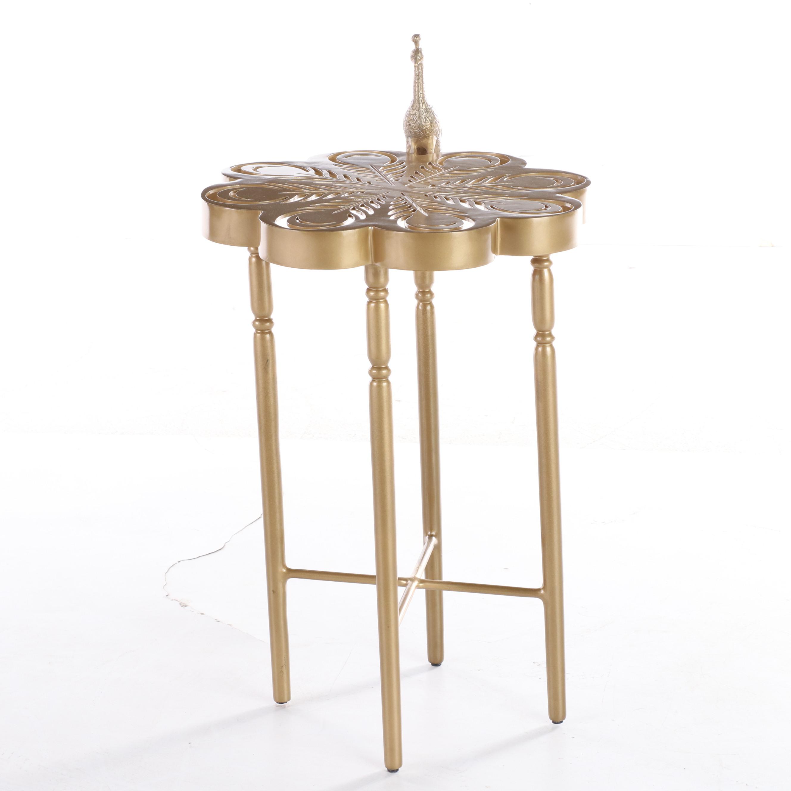 Gilt Metal Side Table with Peacock Plus Wicker Side Chair