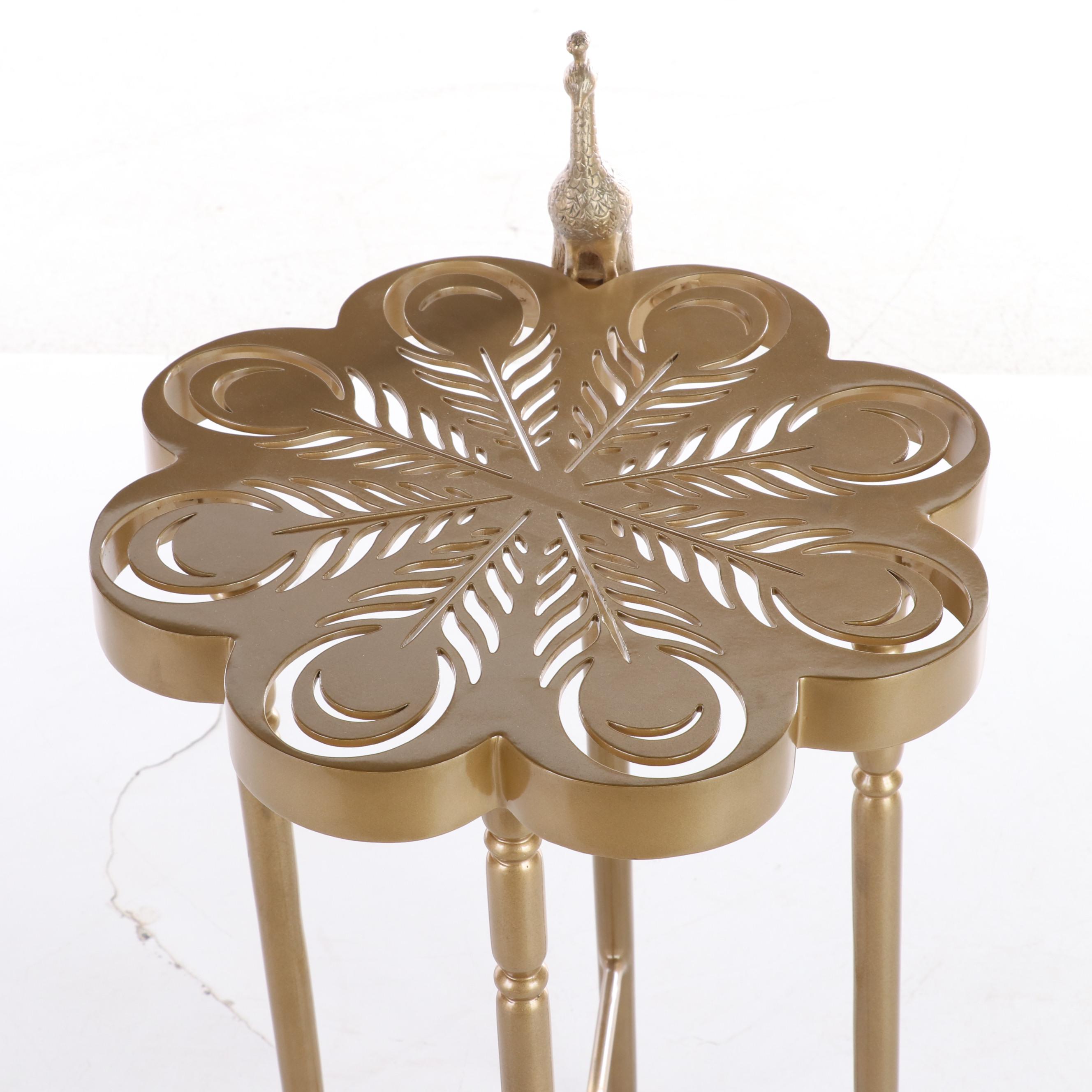 Gilt Metal Side Table with Peacock Plus Wicker Side Chair