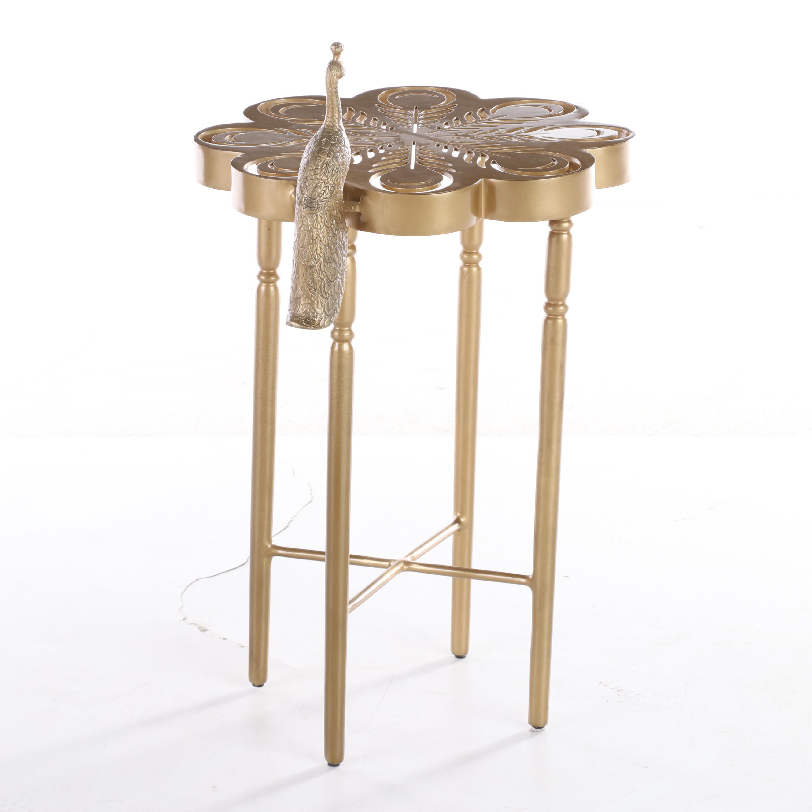 Gilt Metal Side Table with Peacock Plus Wicker Side Chair