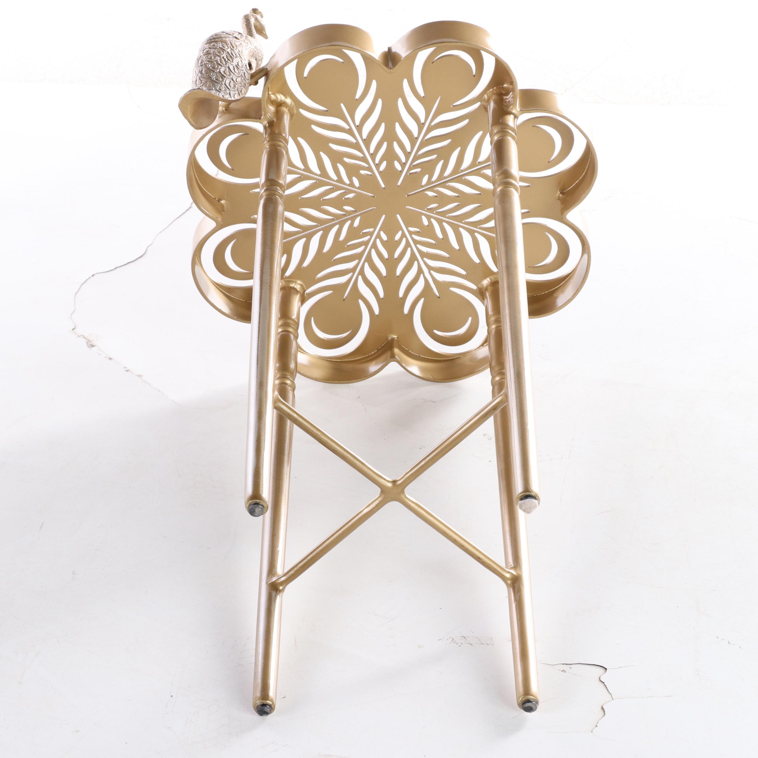 Gilt Metal Side Table with Peacock Plus Wicker Side Chair