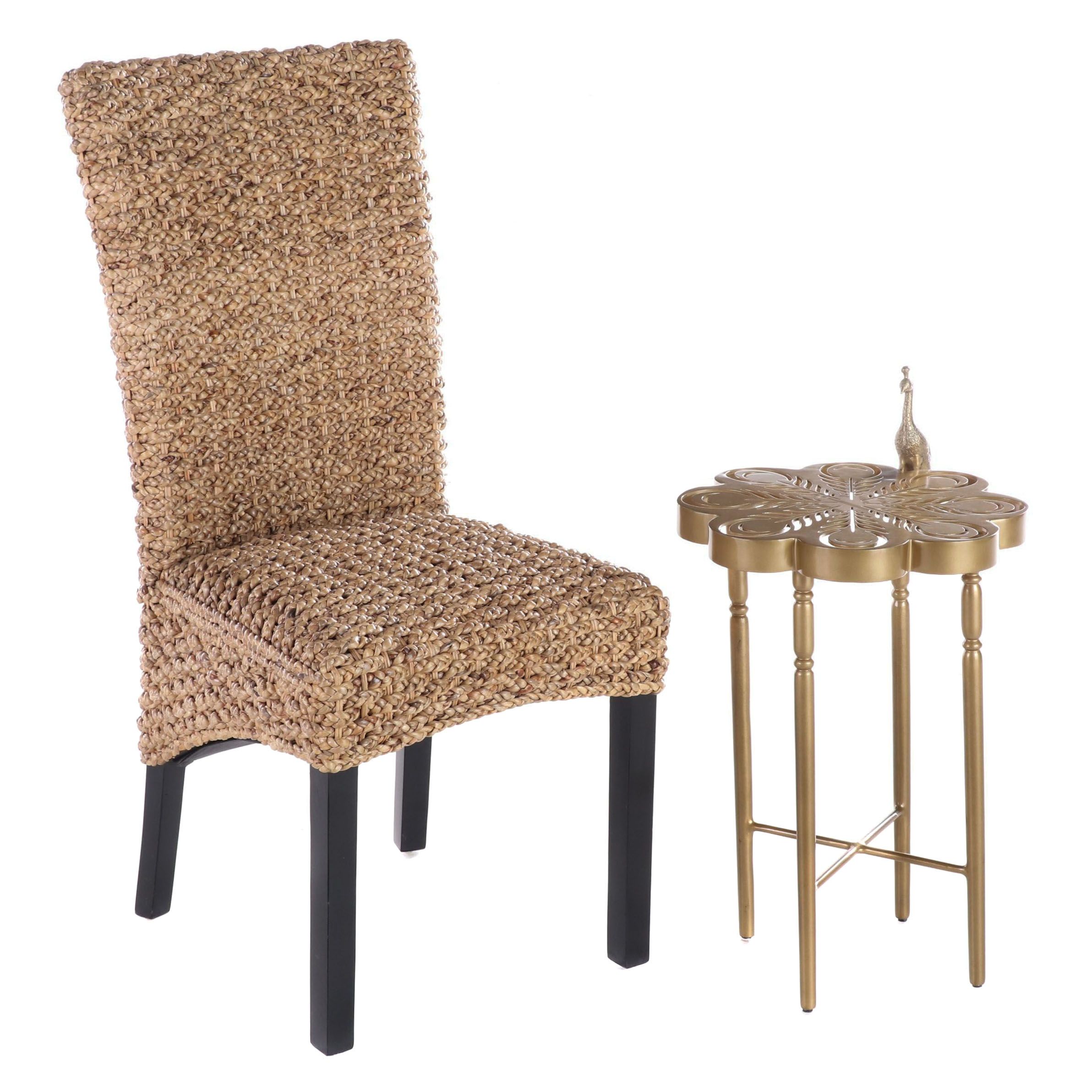 Gilt Metal Side Table with Peacock Plus Wicker Side Chair