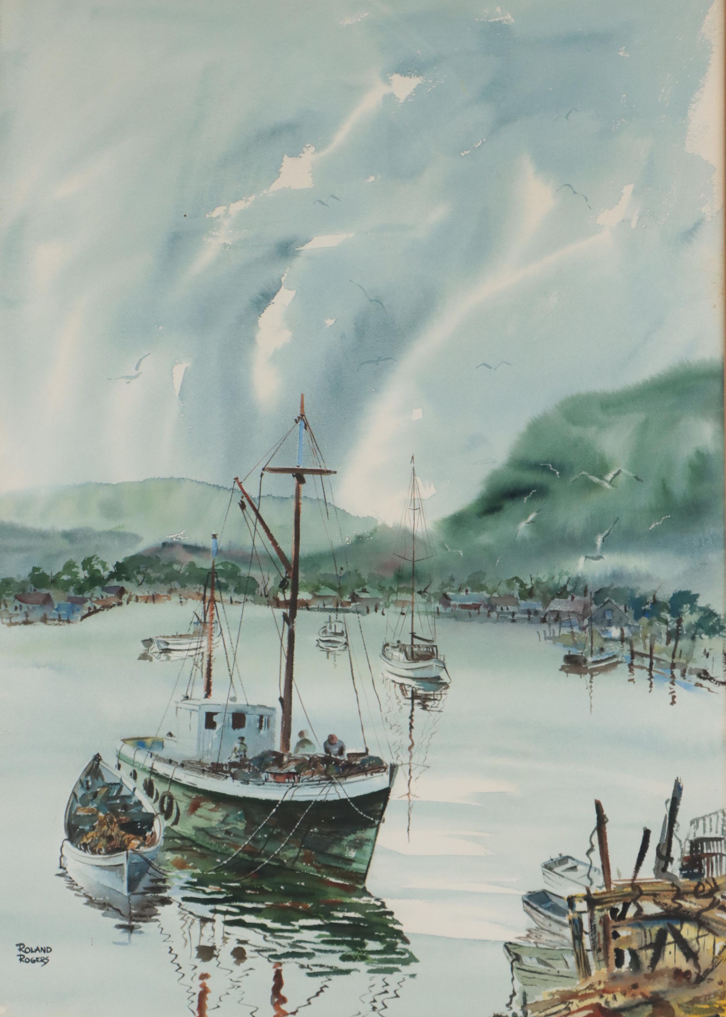 Roland Rogers Watercolor Painting of Harbor Scene