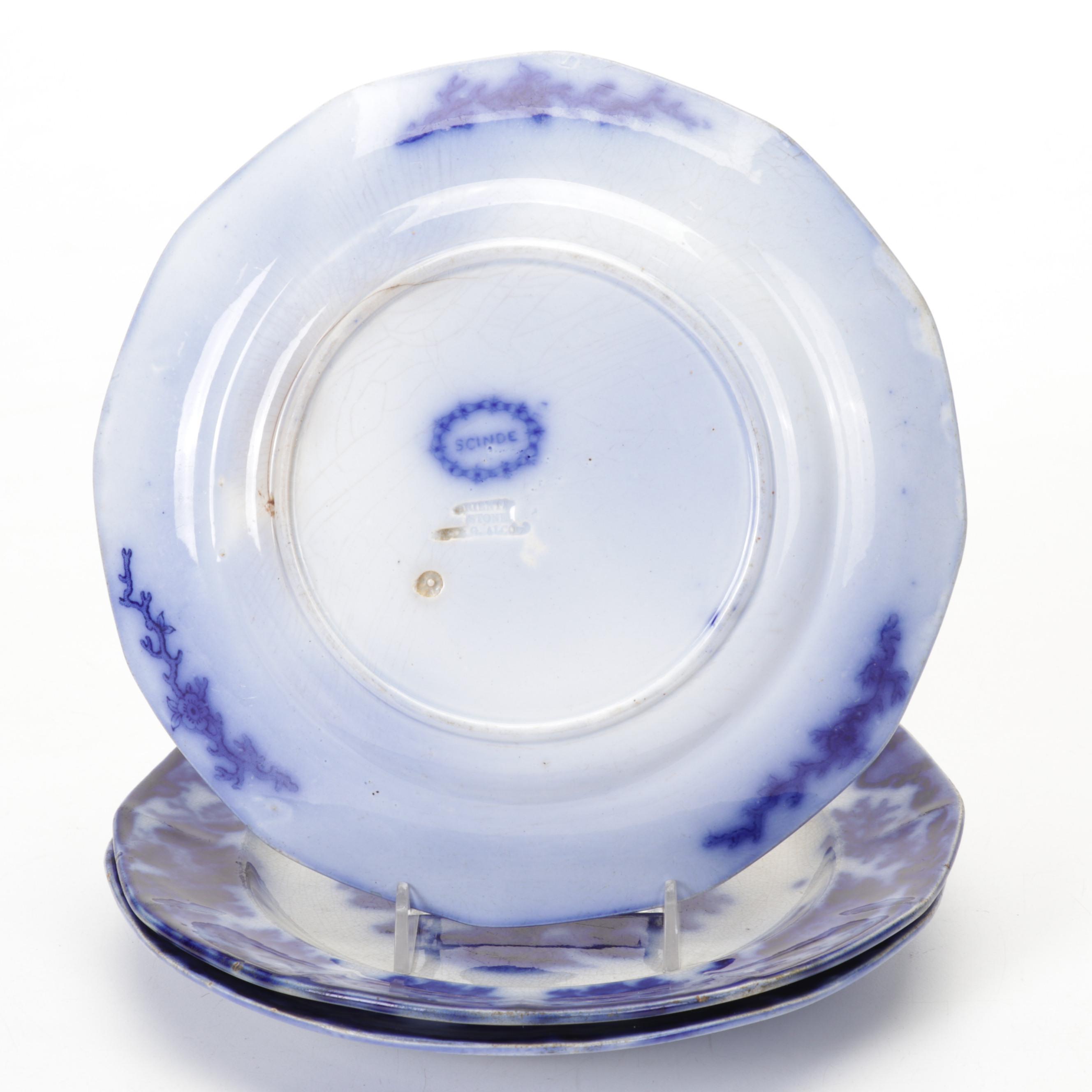TJ & J Mayer "Oregon" and  J & G  Alcock "Scinde" Flow Blue Ironstone Plates