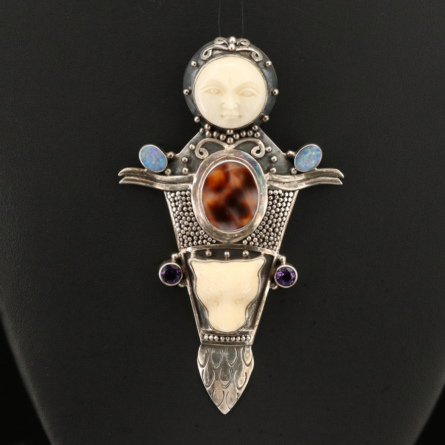 Bali Style Sterling Bone, Opal, Shell and Gemstone Hand Carved Pendant