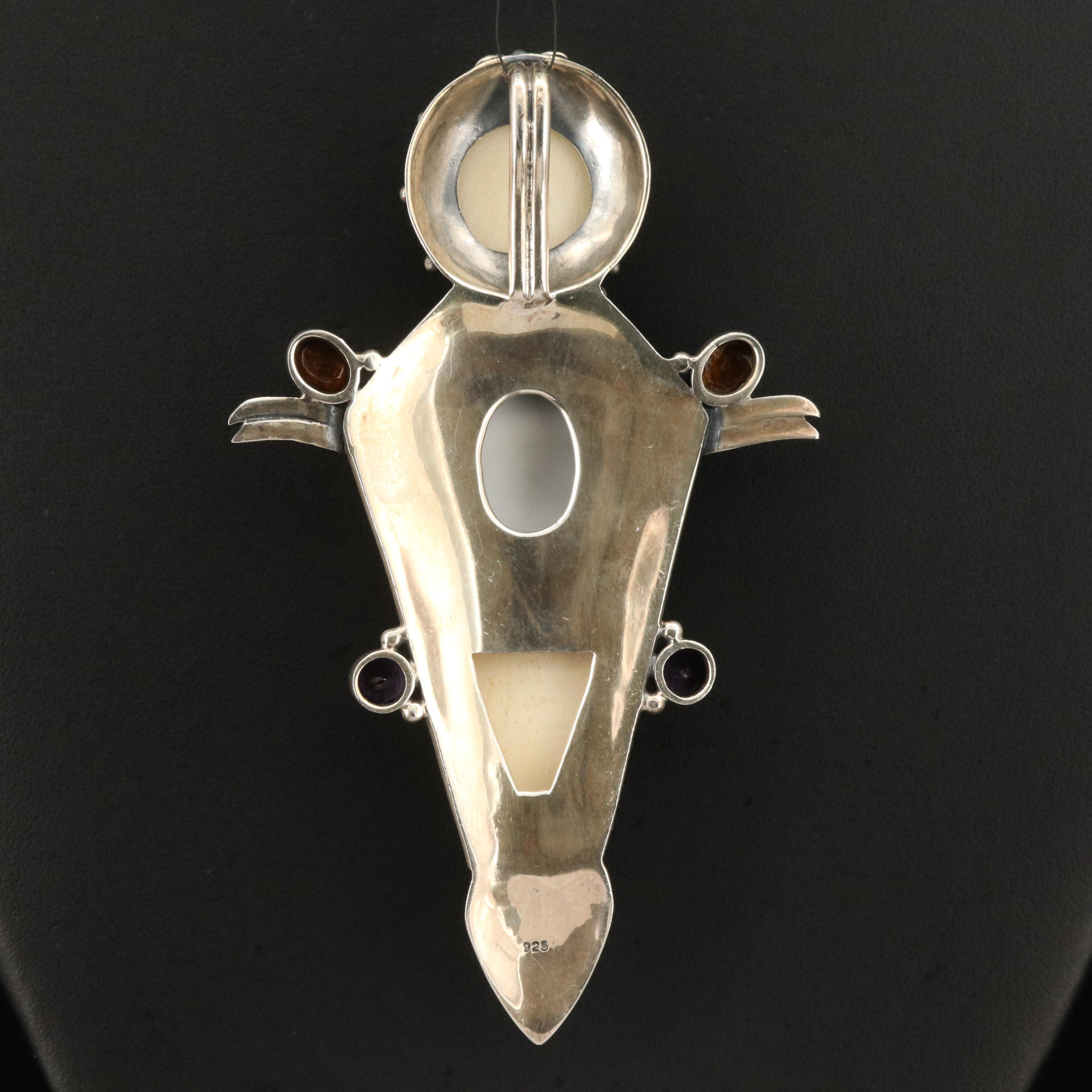 Bali Style Sterling Bone, Opal, Shell and Gemstone Hand Carved Pendant