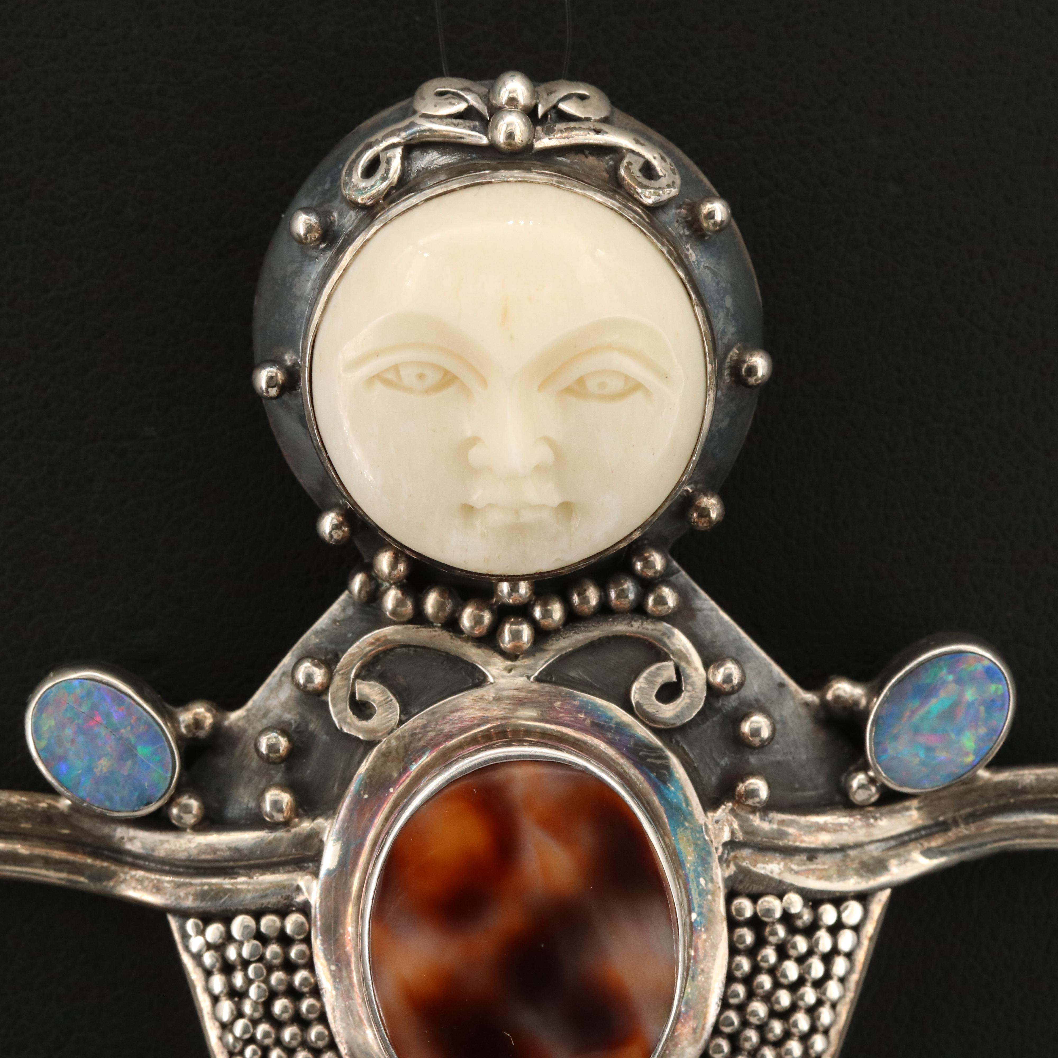 Bali Style Sterling Bone, Opal, Shell and Gemstone Hand Carved Pendant