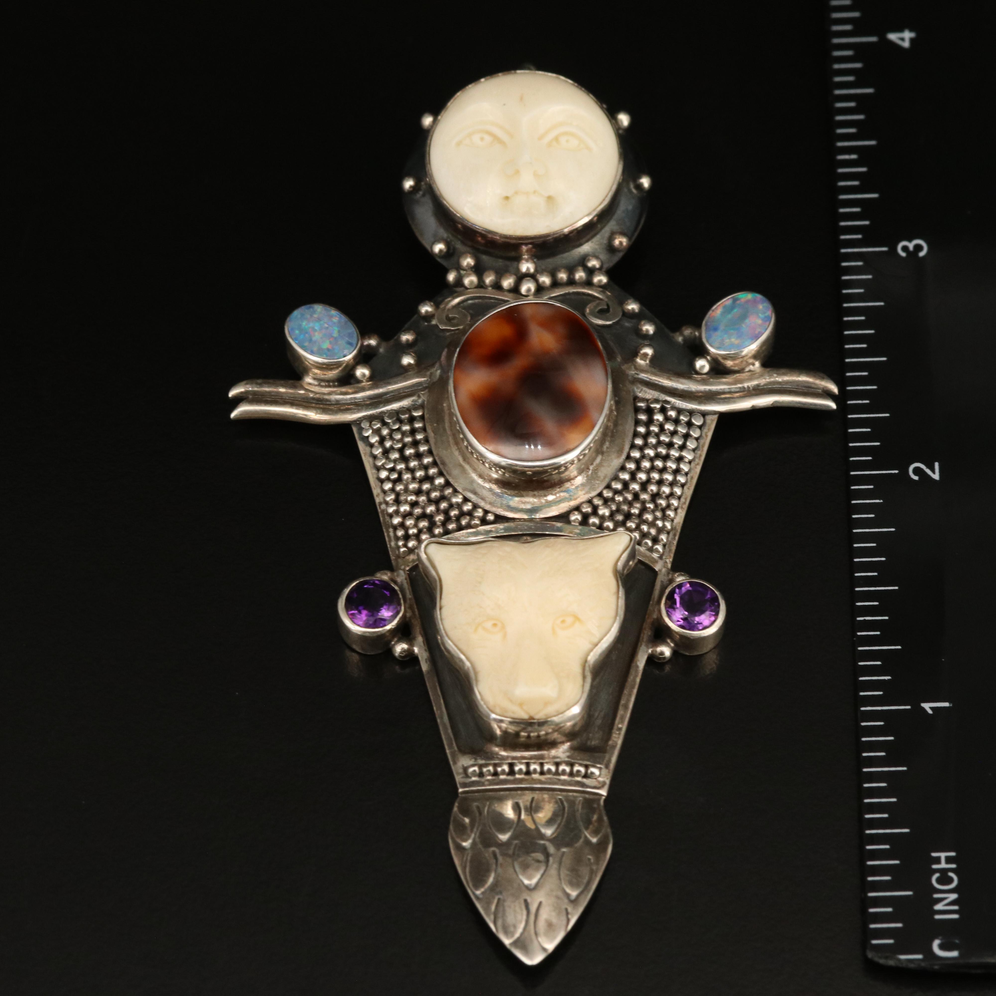 Bali Style Sterling Bone, Opal, Shell and Gemstone Hand Carved Pendant