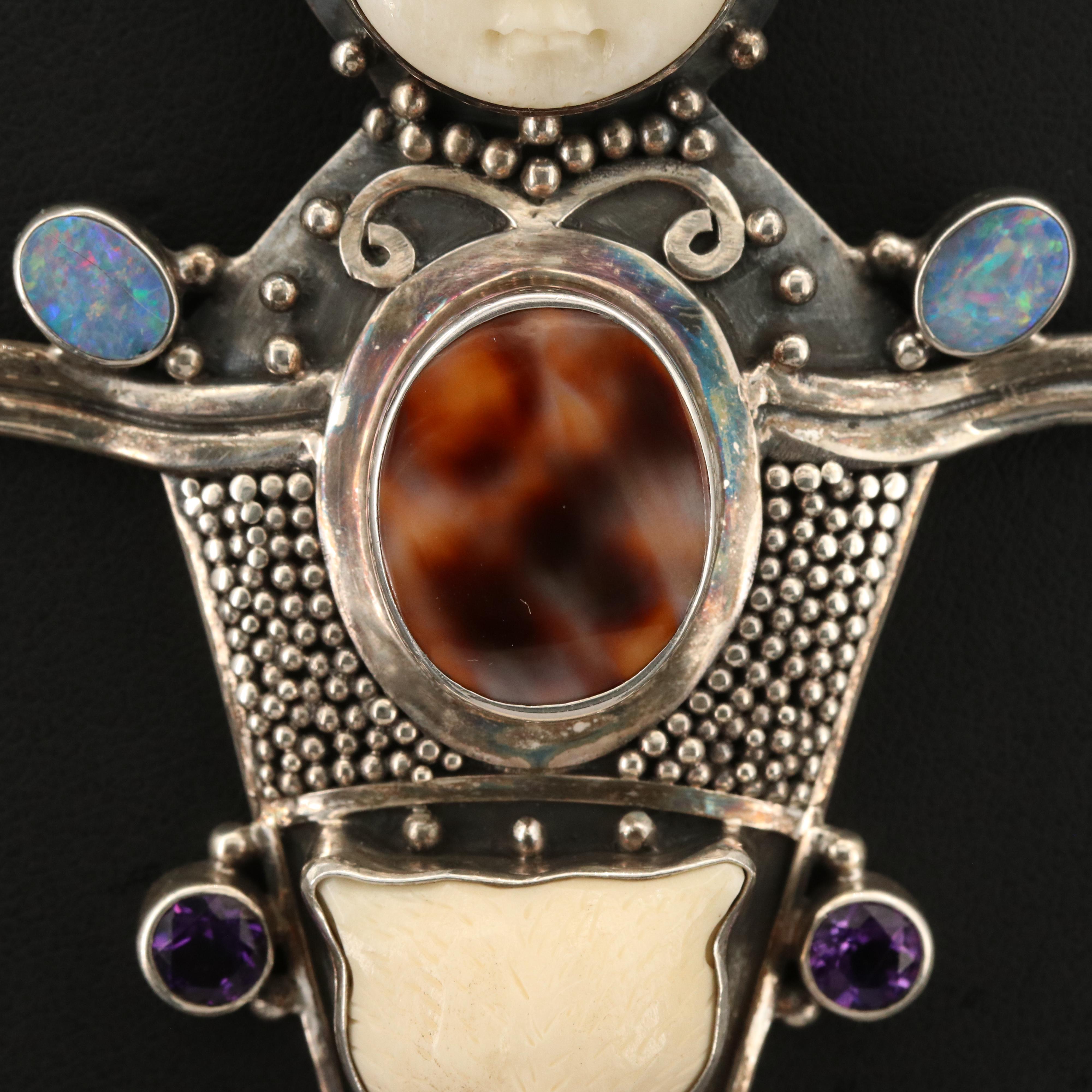 Bali Style Sterling Bone, Opal, Shell and Gemstone Hand Carved Pendant