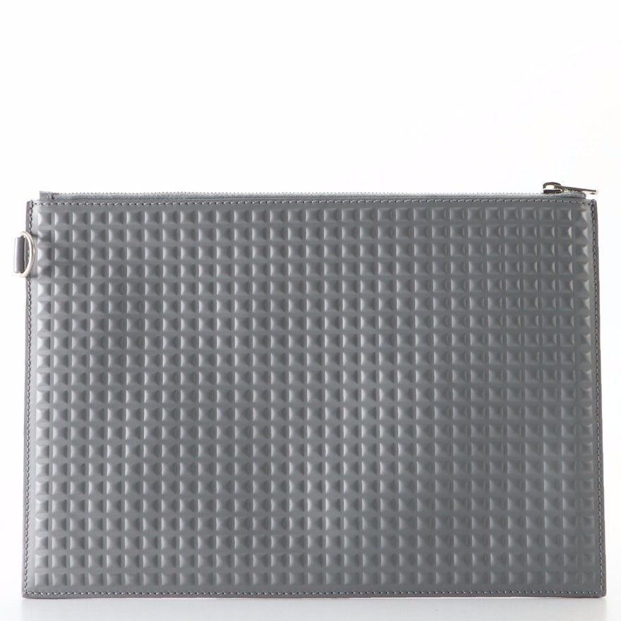 Balenciaga Large Clip Zip Pouch in Grey Grid-Embossed Leather