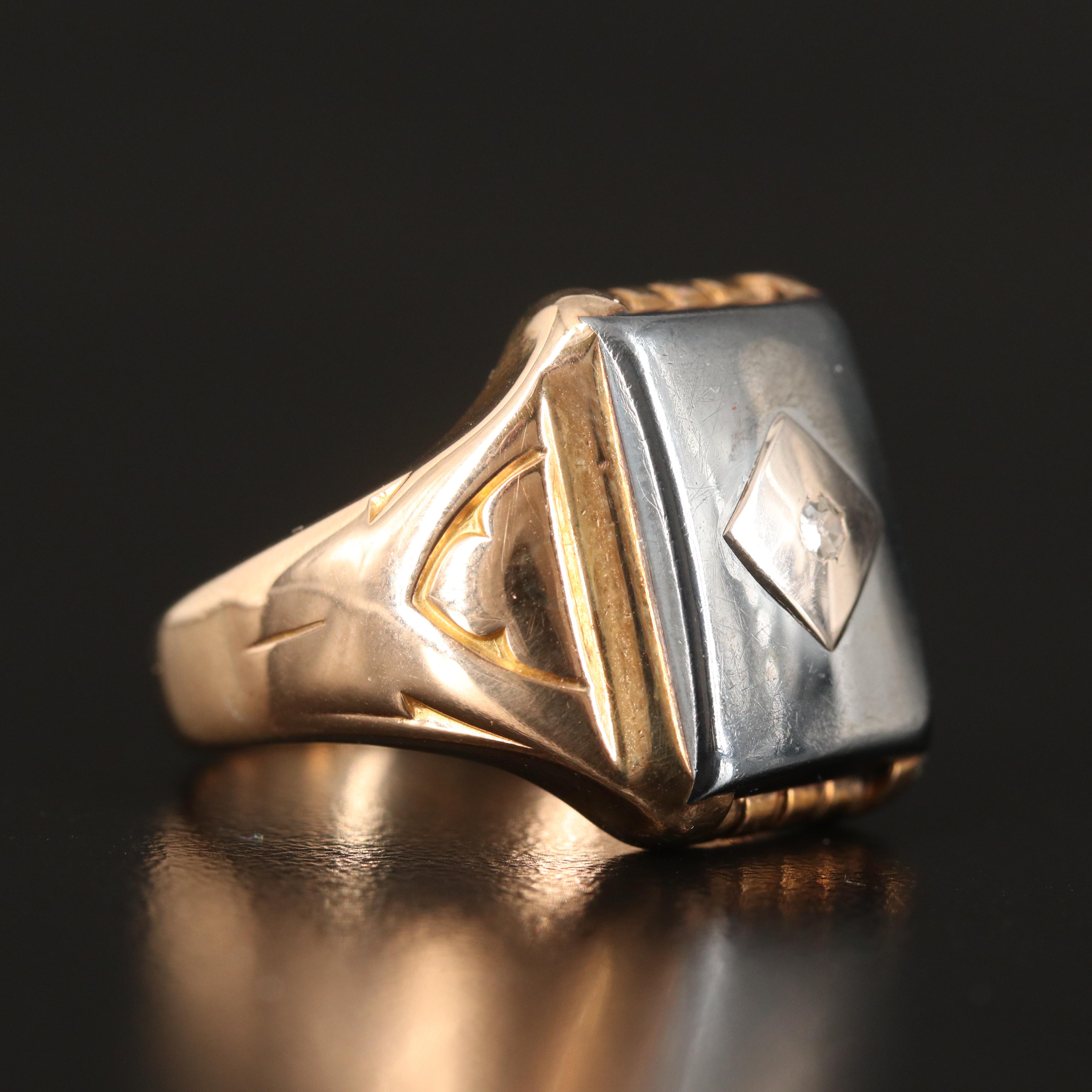 Antique 10K Hematite and Diamond Ring