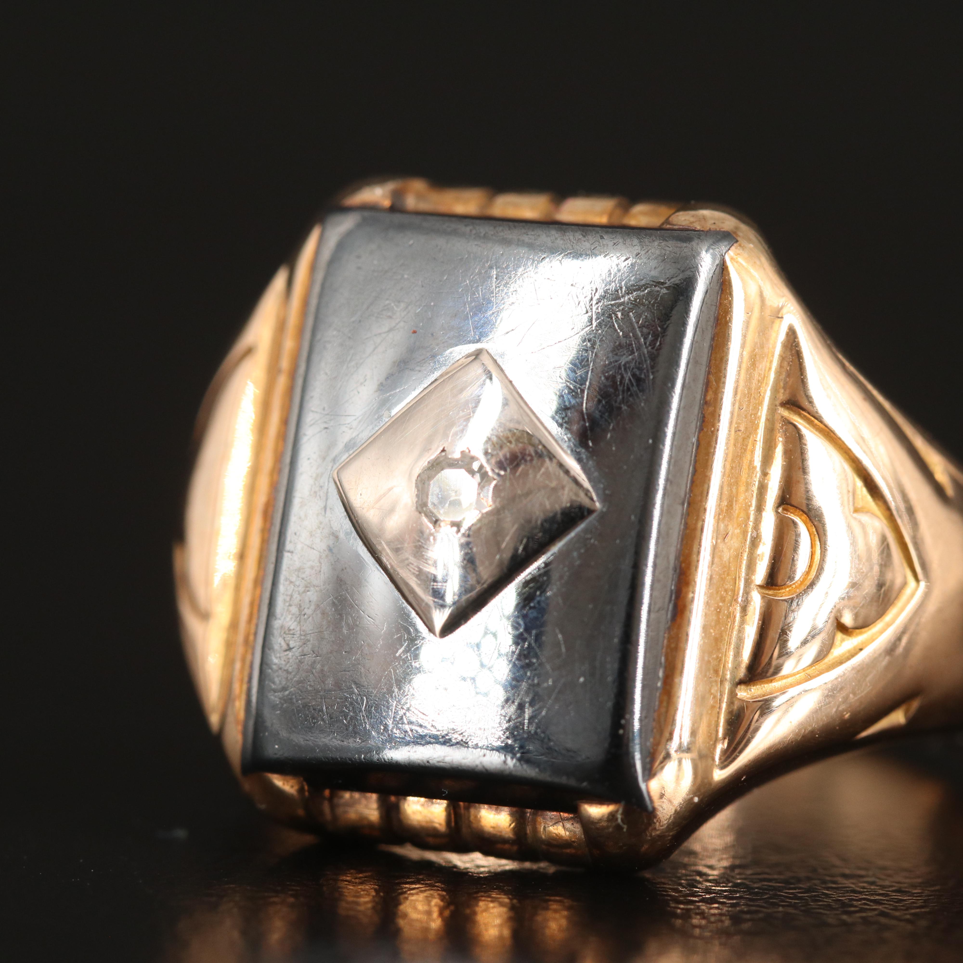 Antique 10K Hematite and Diamond Ring