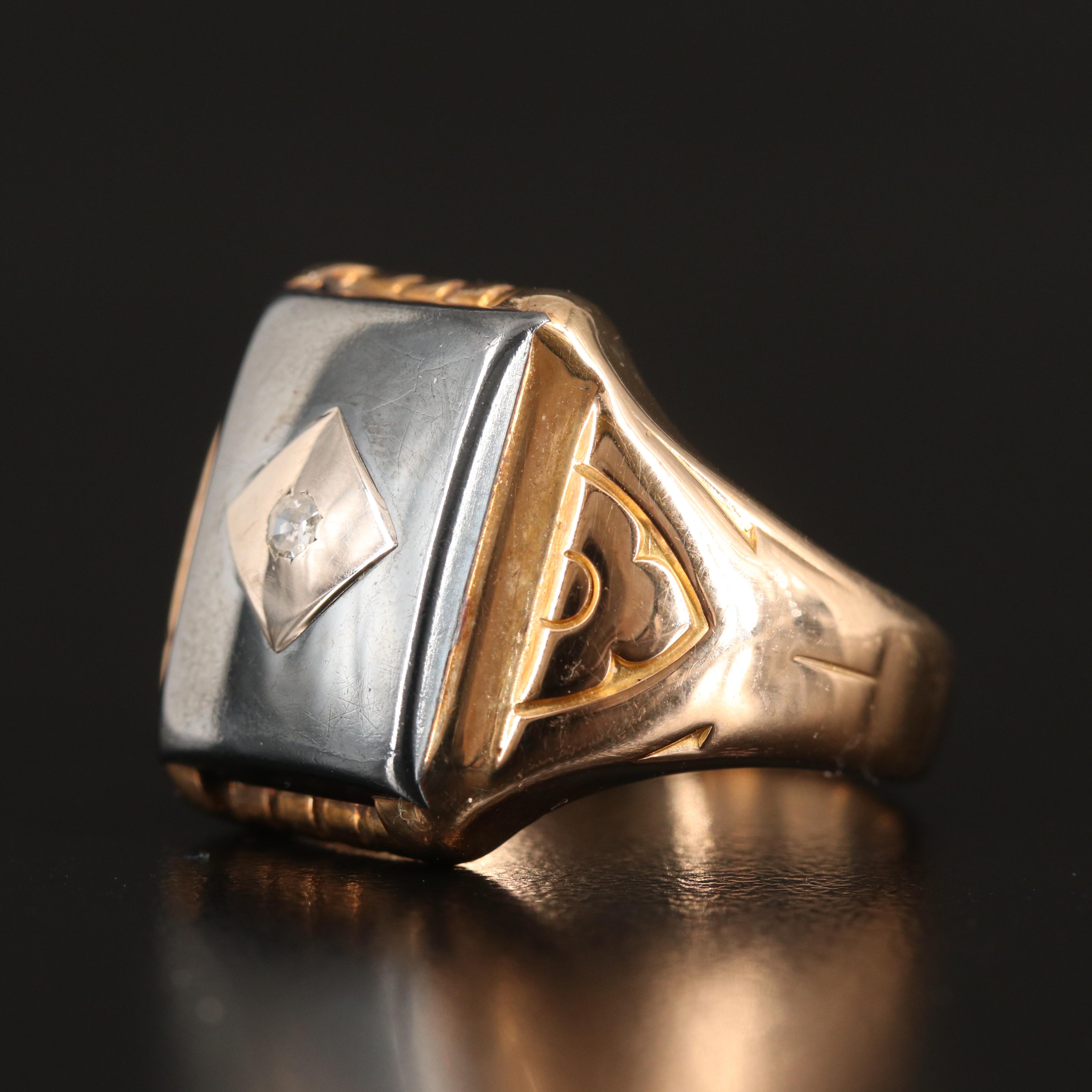 Antique 10K Hematite and Diamond Ring