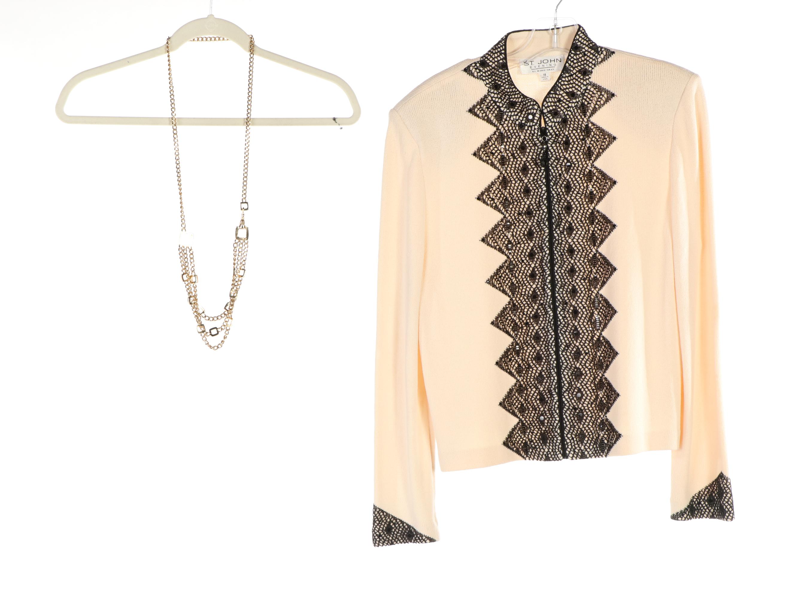 St. John Evening Jackets with Embellishment and Chain Belt Accessory