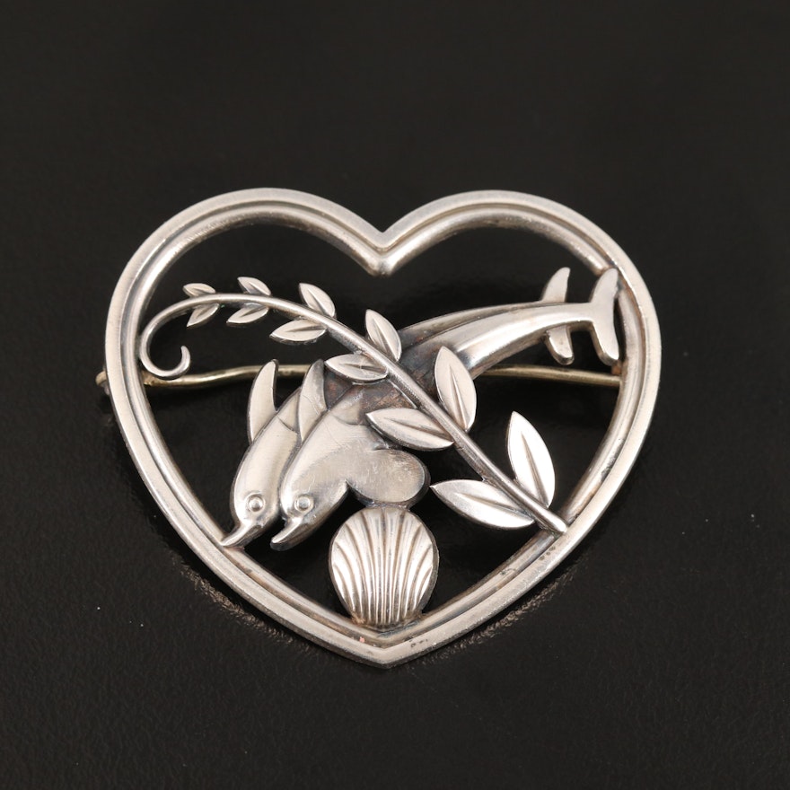 Georg Jensen Sterling Heart and Dolphin Brooch