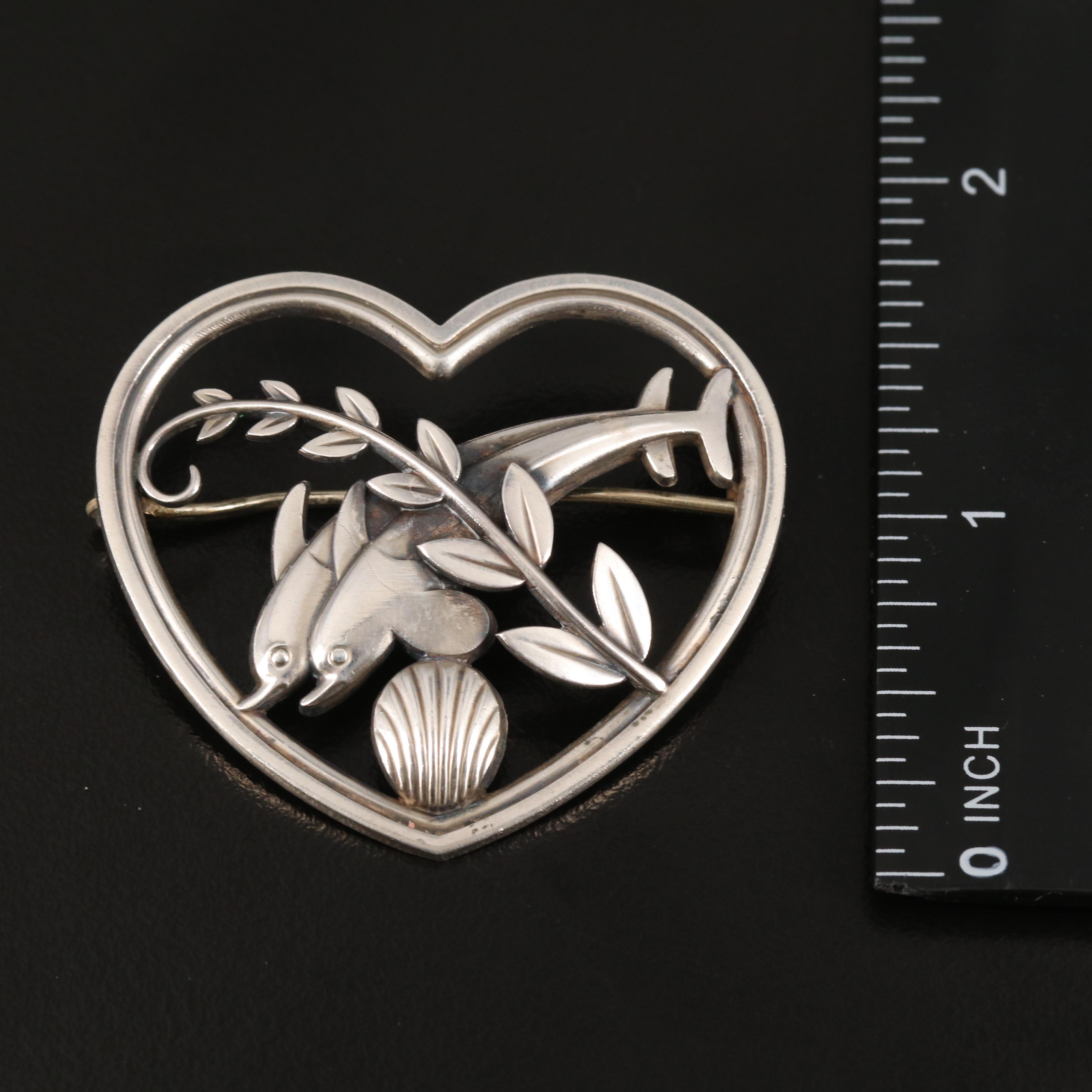 Georg Jensen Sterling Heart and Dolphin Brooch