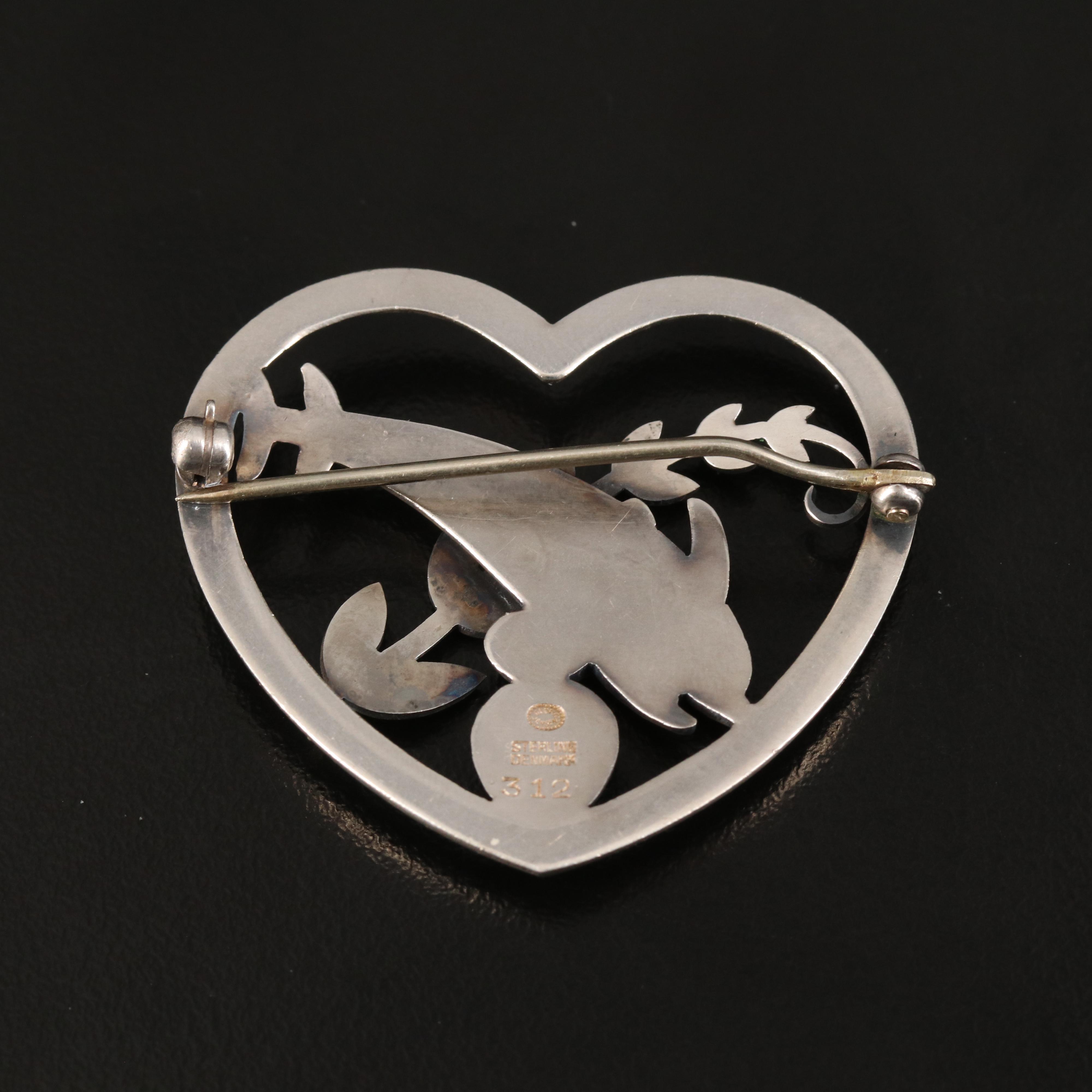 Georg Jensen Sterling Heart and Dolphin Brooch