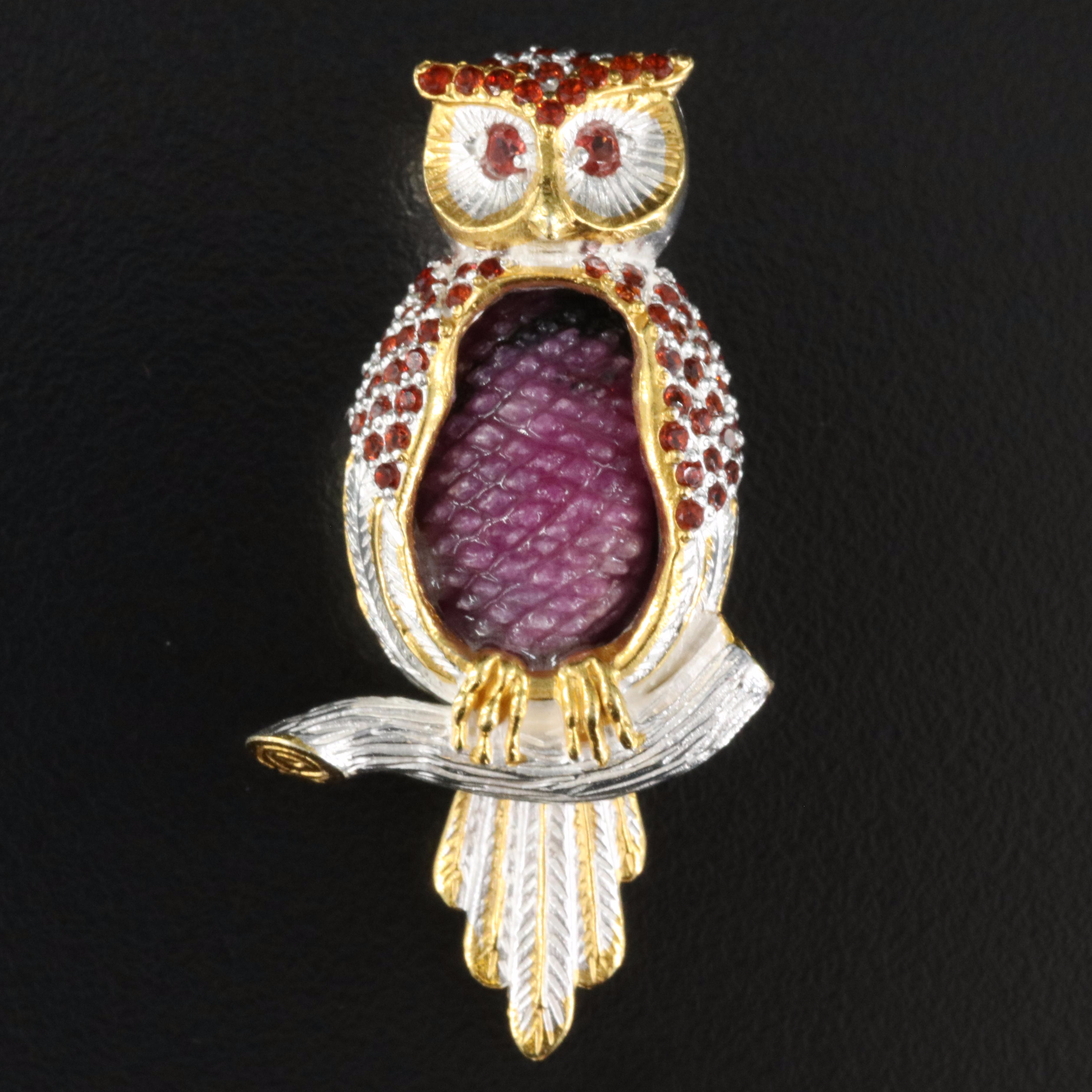 Sterling Ruby in Zoisite and Garnet Owl Brooch