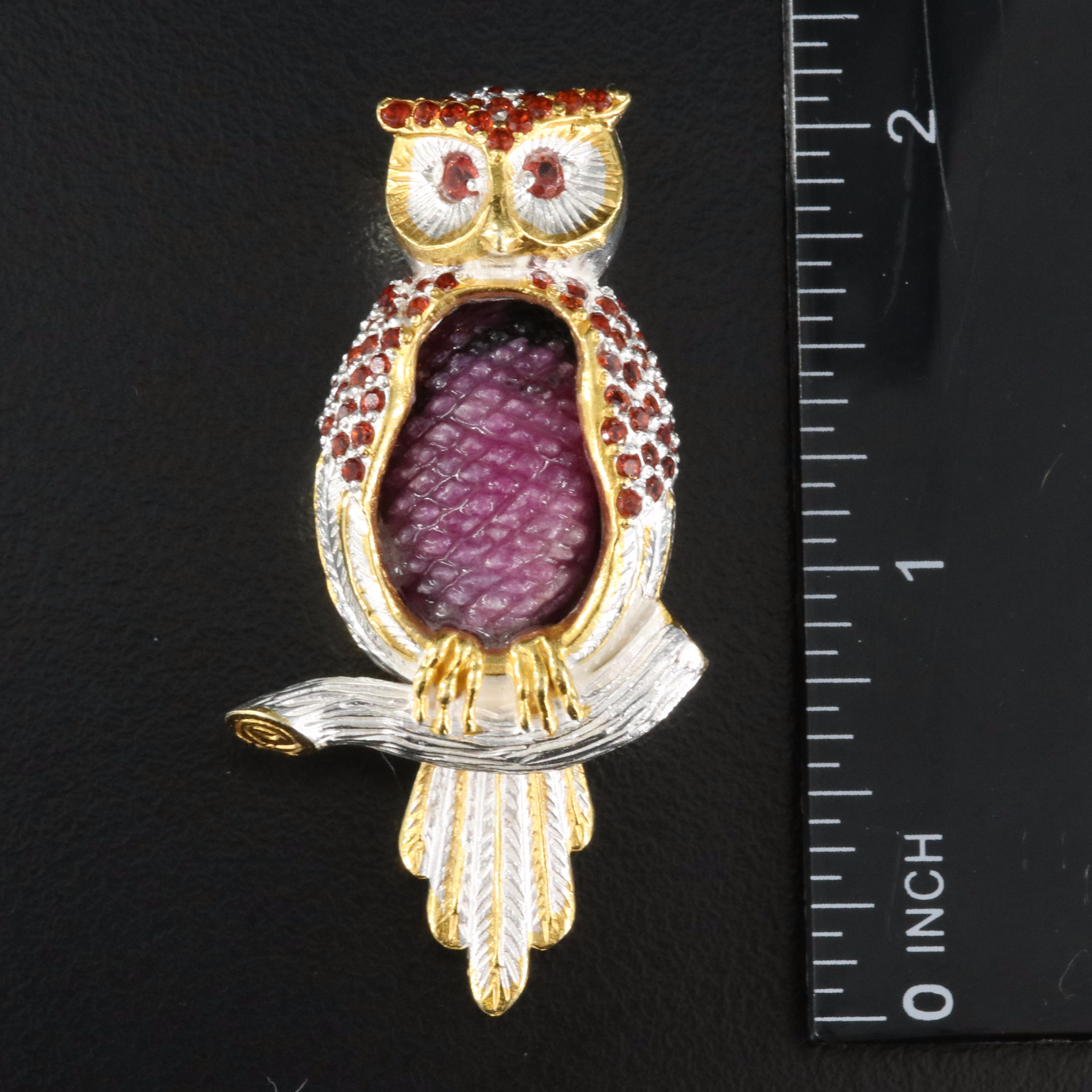 Sterling Ruby in Zoisite and Garnet Owl Brooch