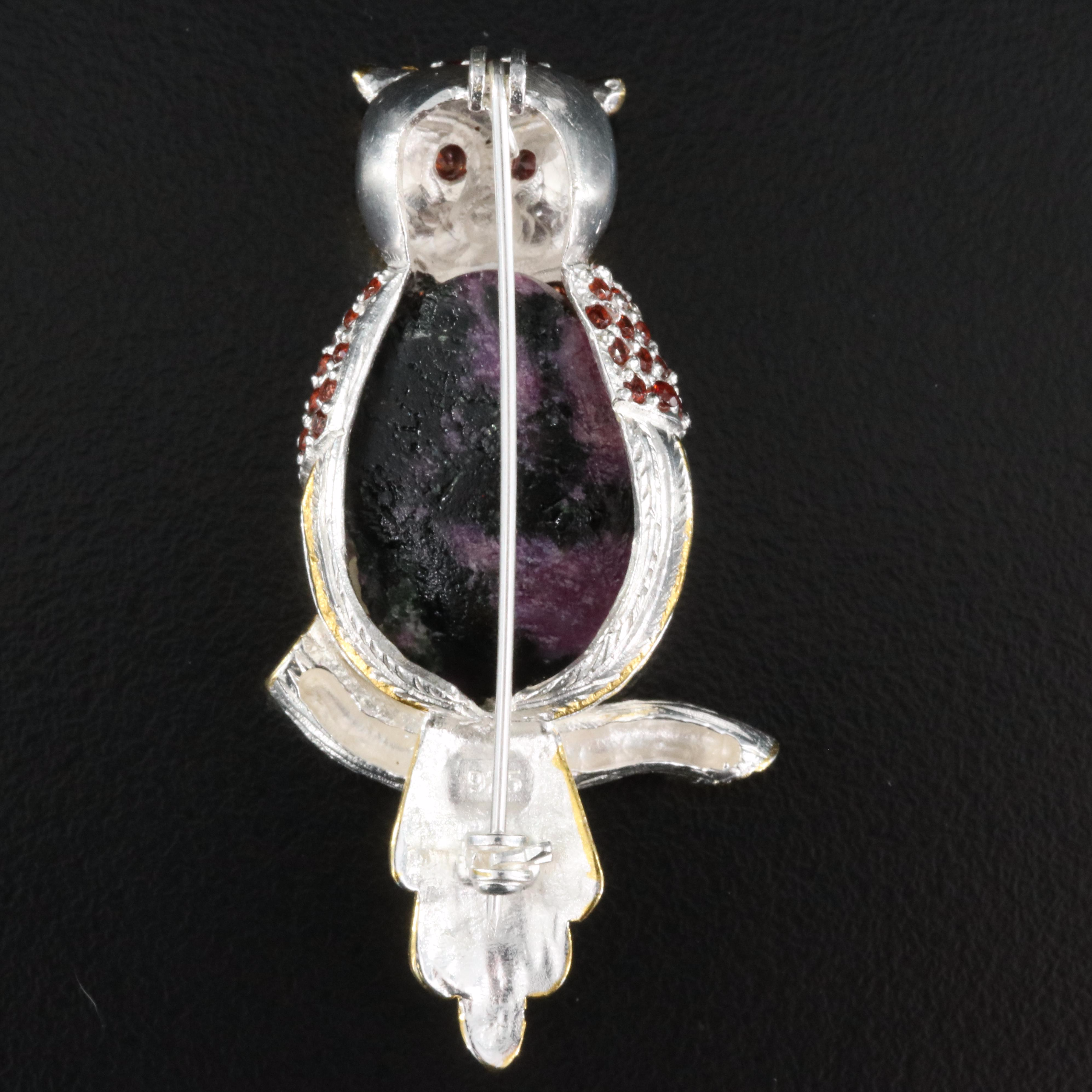Sterling Ruby in Zoisite and Garnet Owl Brooch