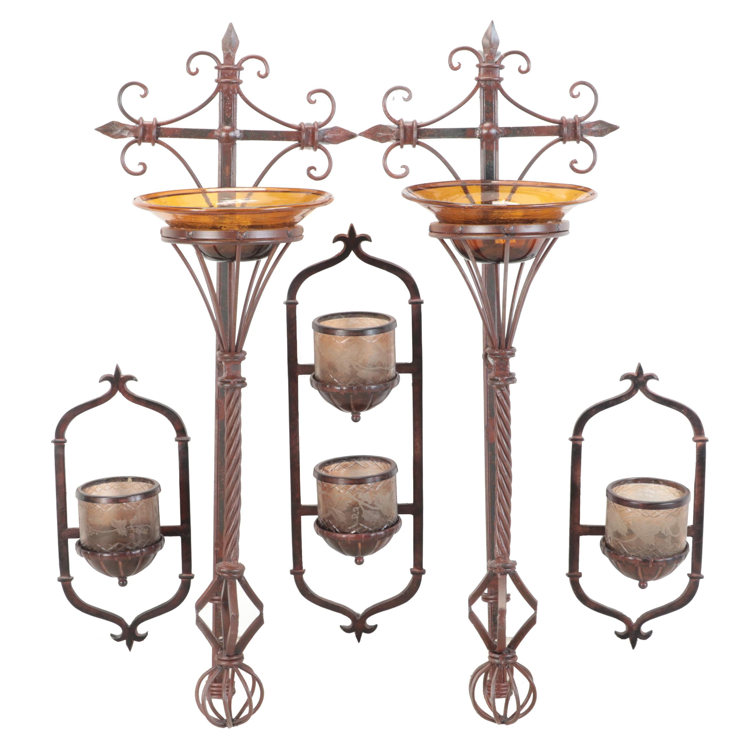 Scrolled Iron and Glass Wall Sconces