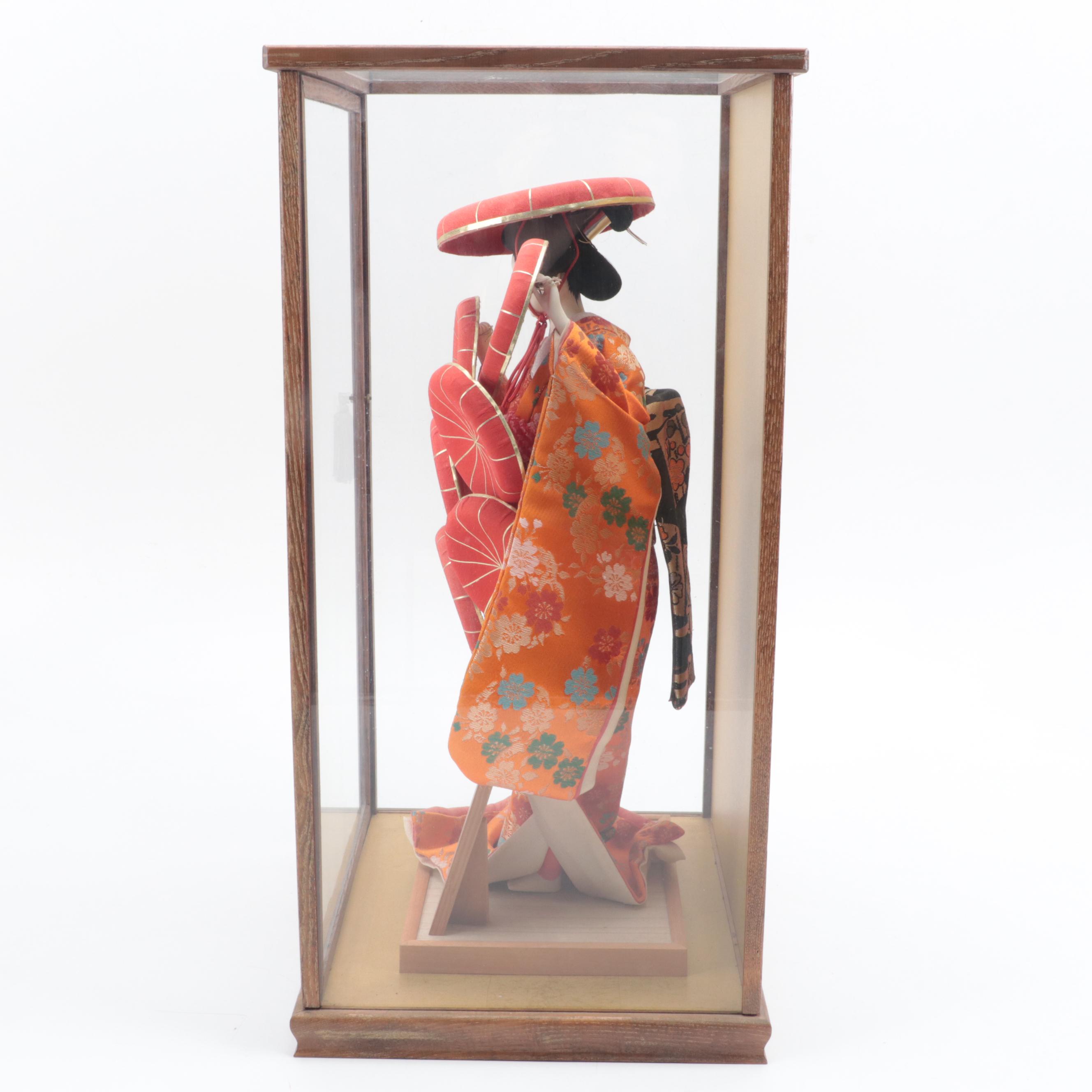 Japanese Hat Dance Geisha Doll in Glass Case, Mid to Late 20th Century