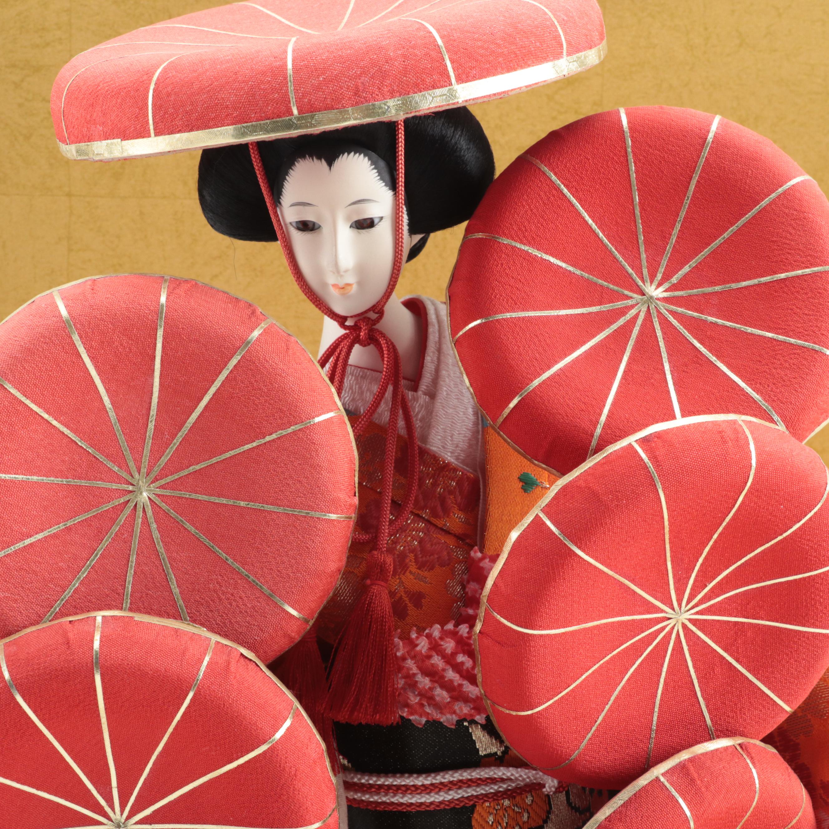 Japanese Hat Dance Geisha Doll in Glass Case, Mid to Late 20th Century