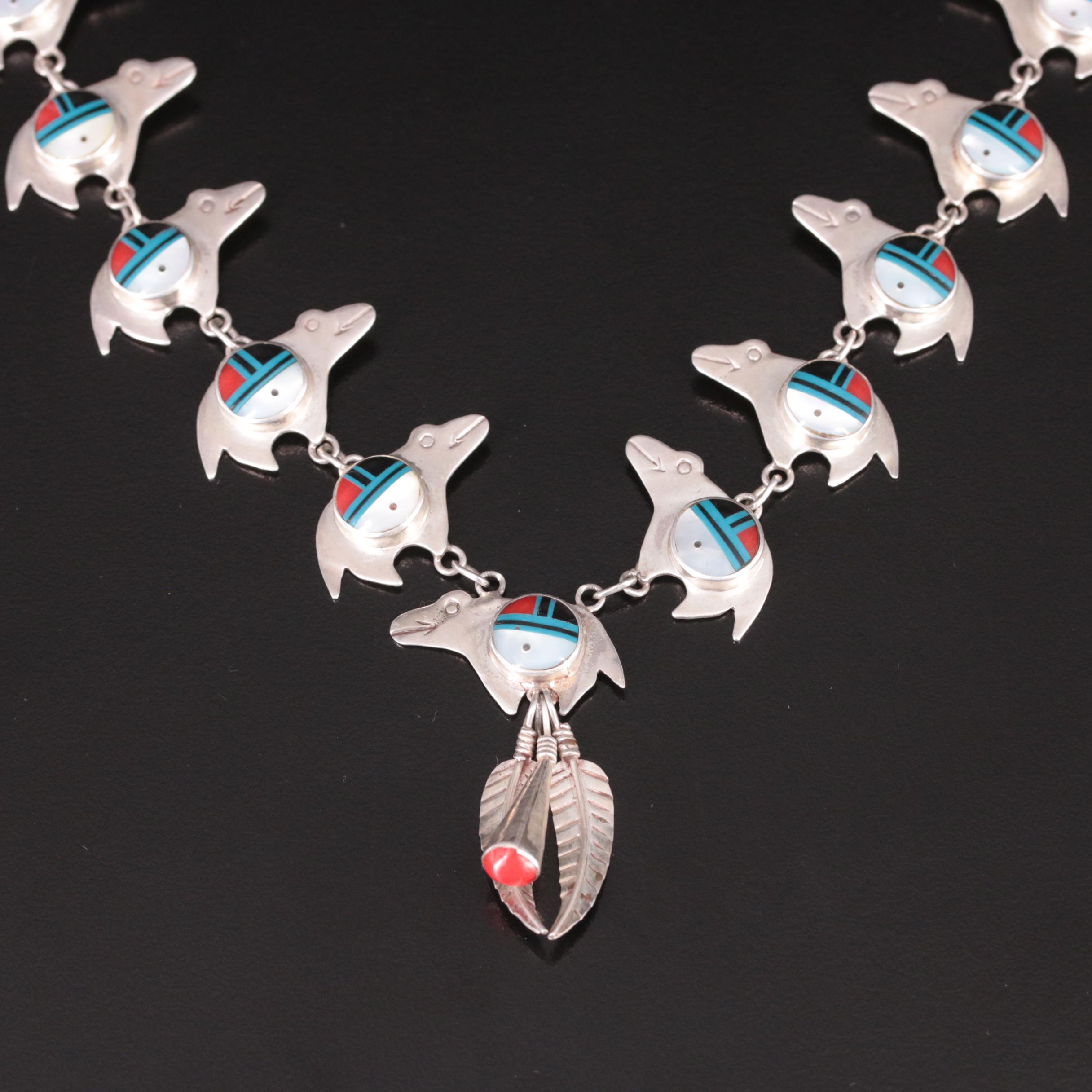 Southwestern Sterling Mother-of-Pearl and Faux Gemstone Fetish Necklace