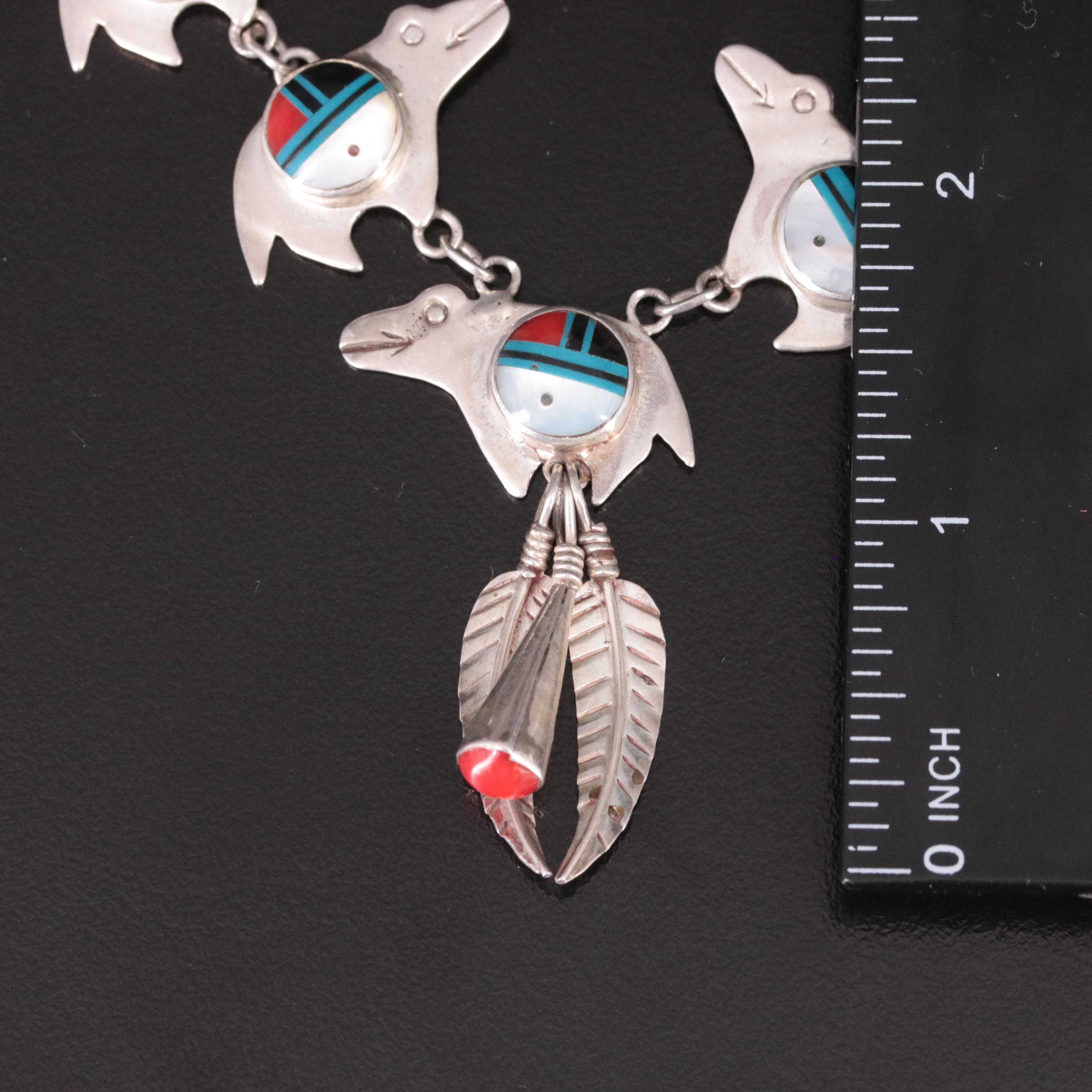 Southwestern Sterling Mother-of-Pearl and Faux Gemstone Fetish Necklace