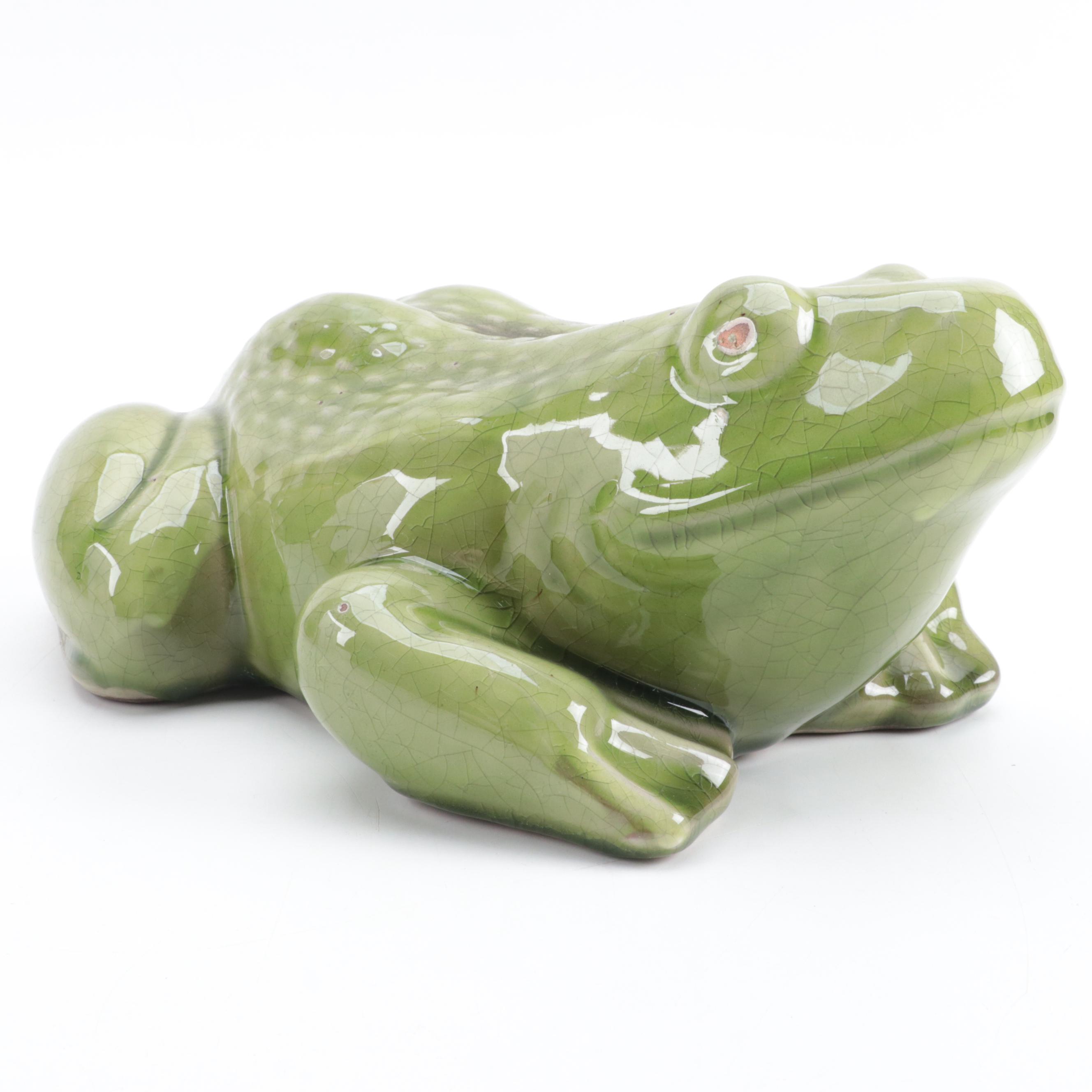 Green-Glazed Ceramic Frog Figurine