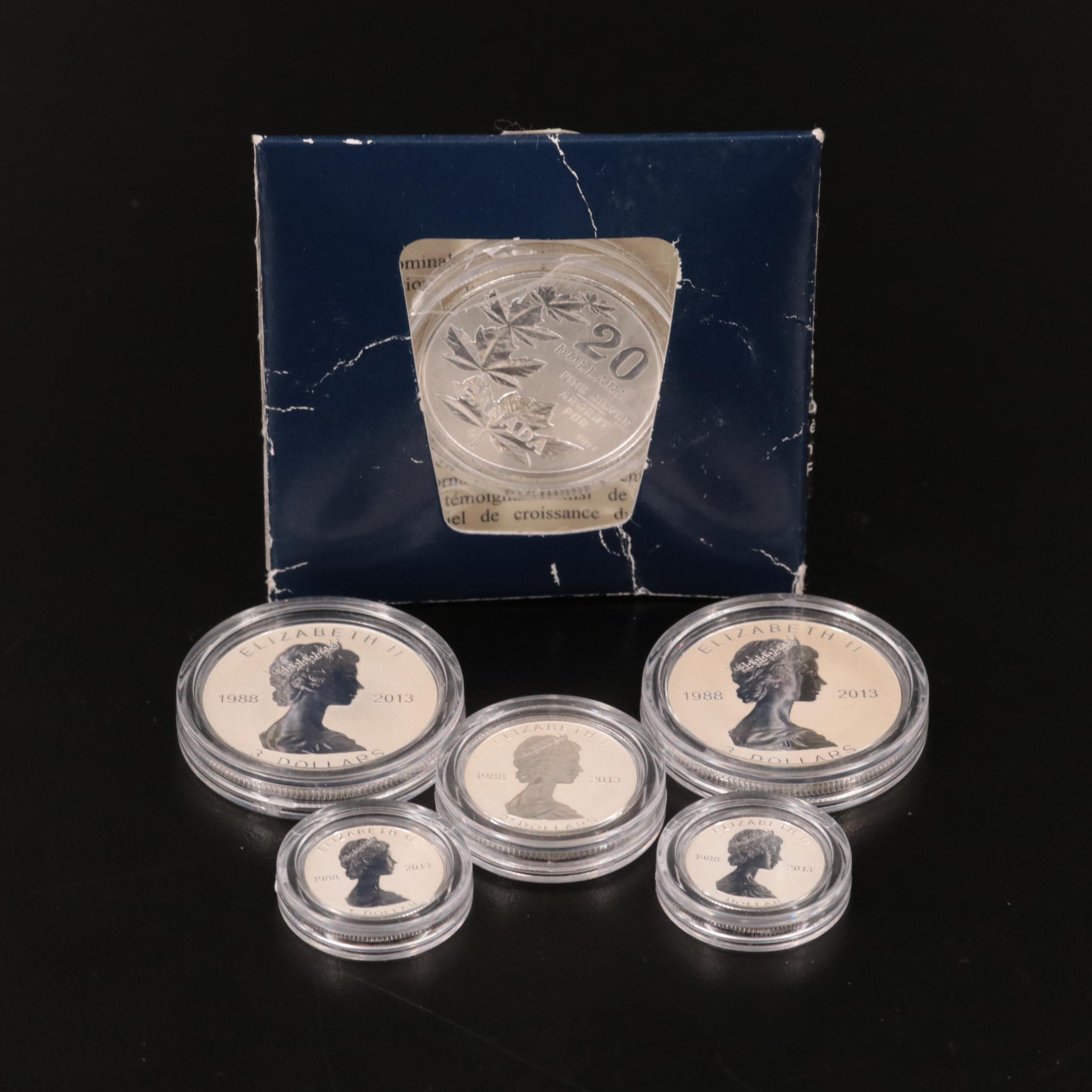 Six Canadian .9999 Fine Silver Maple Leaf Coins