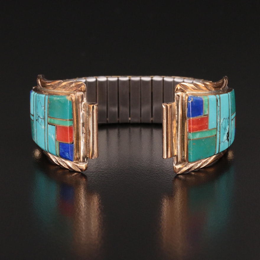 Albert Yazzie Navajo Diné Turquoise, Coral and Lapis Lazuli Watch Band