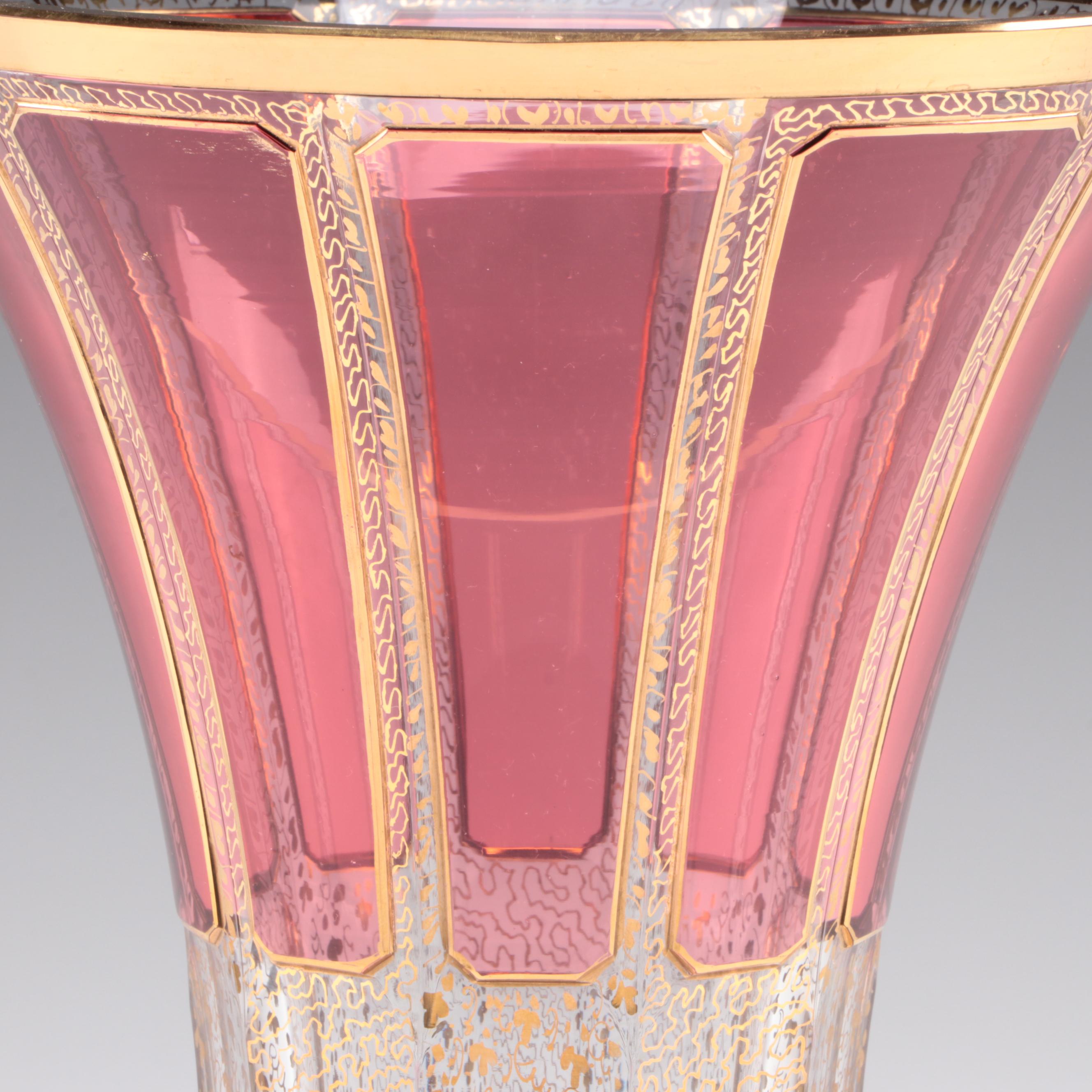 Kusak Cut Glass Works Bohemian Style Gold Panel Cranberry Vase