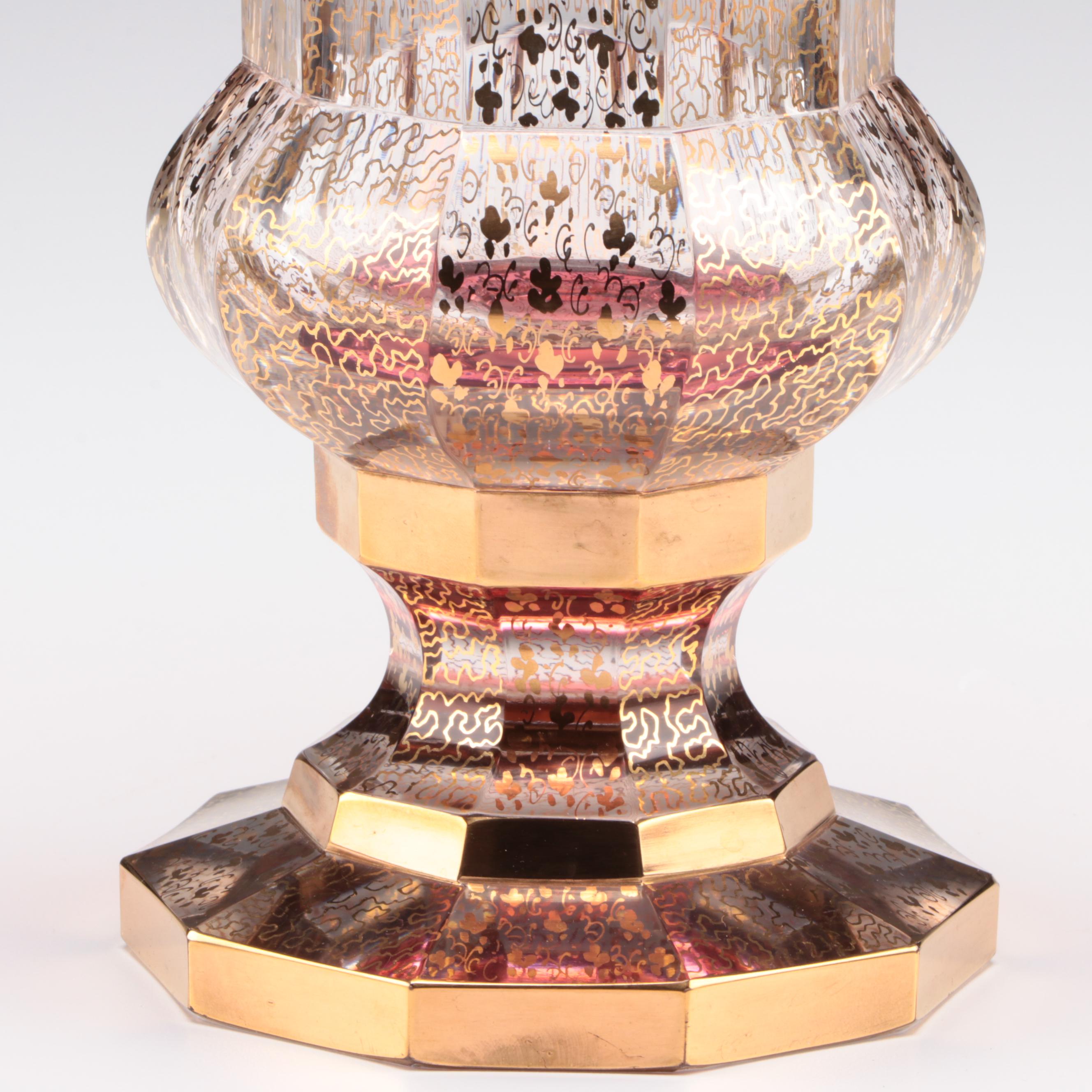 Kusak Cut Glass Works Bohemian Style Gold Panel Cranberry Vase