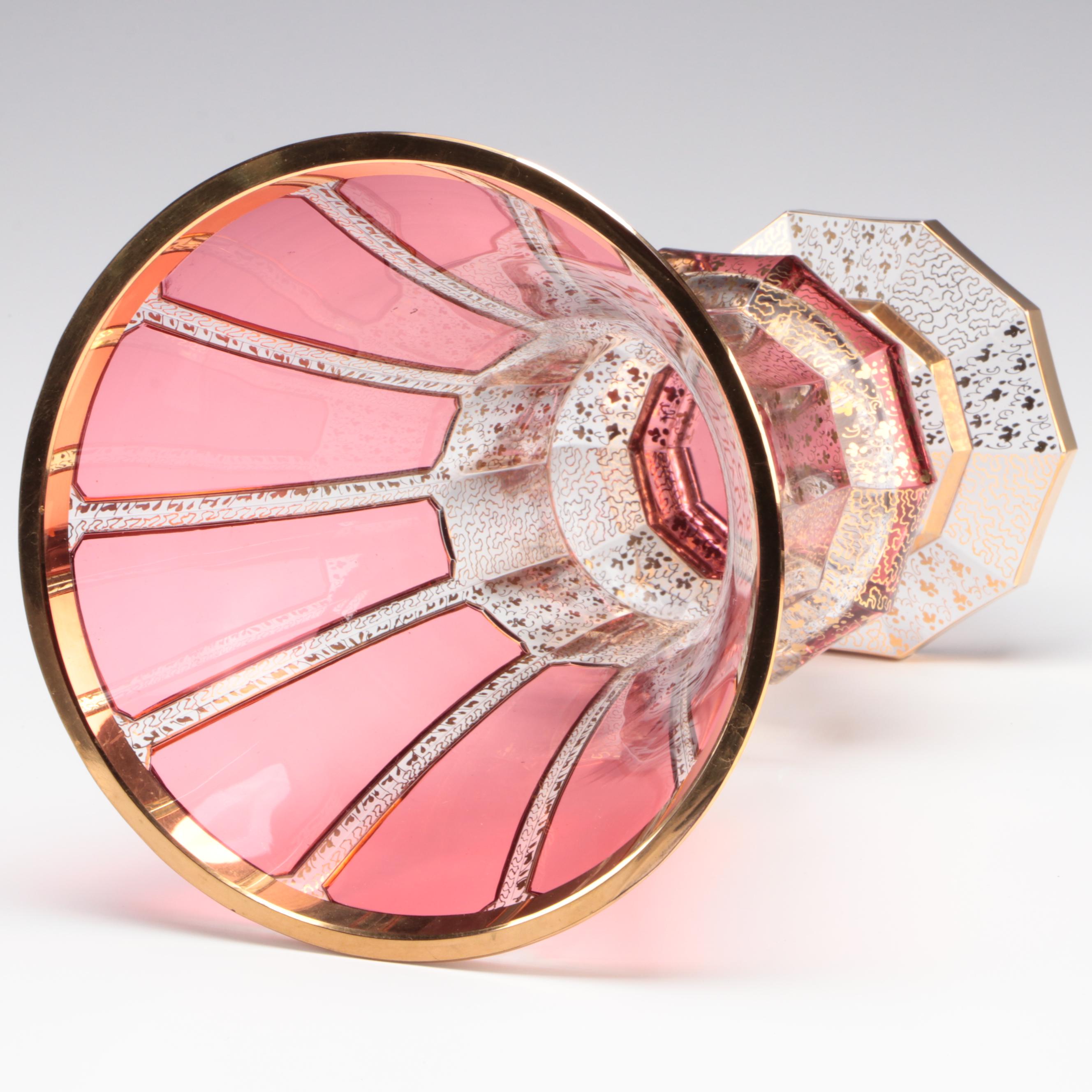 Kusak Cut Glass Works Bohemian Style Gold Panel Cranberry Vase