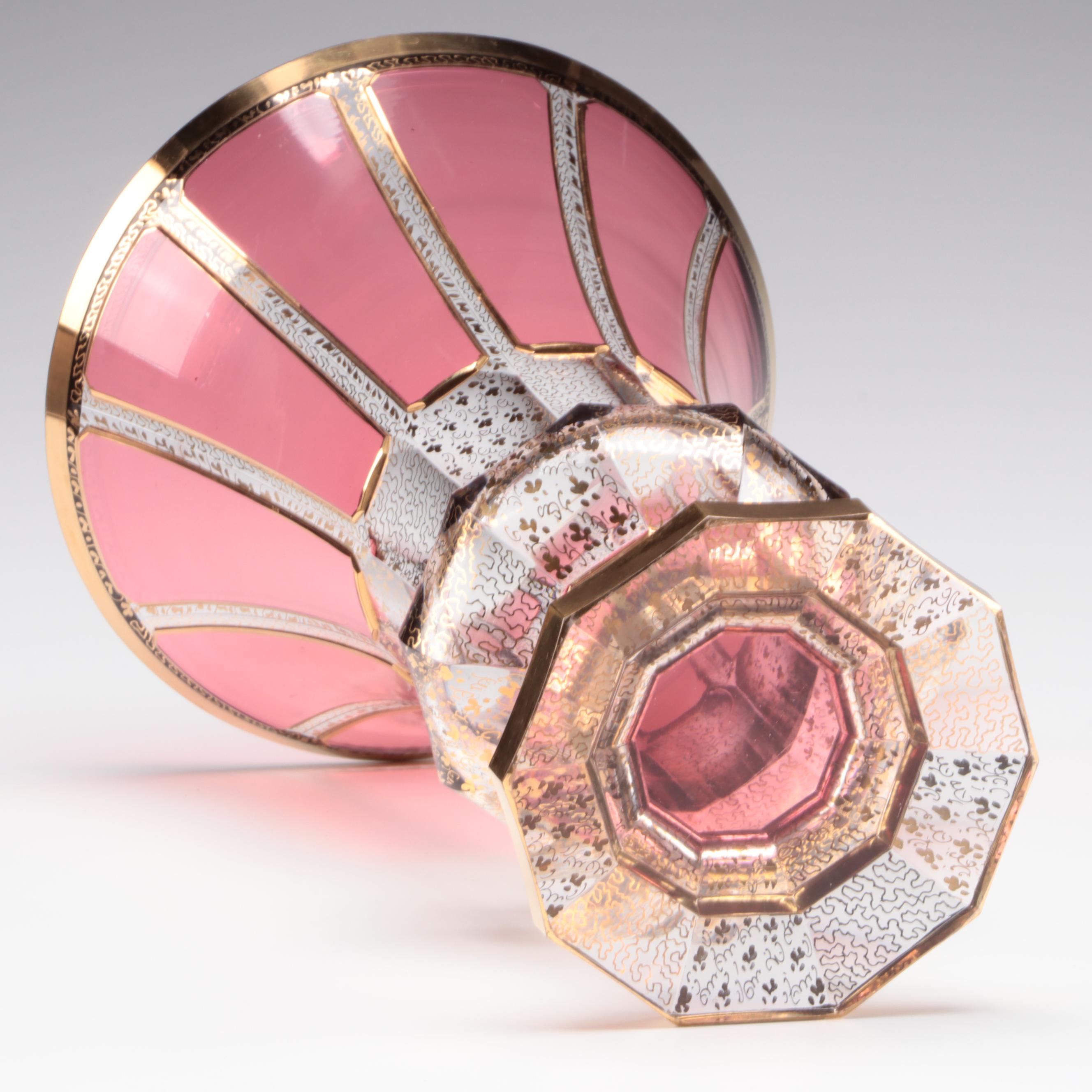 Kusak Cut Glass Works Bohemian Style Gold Panel Cranberry Vase