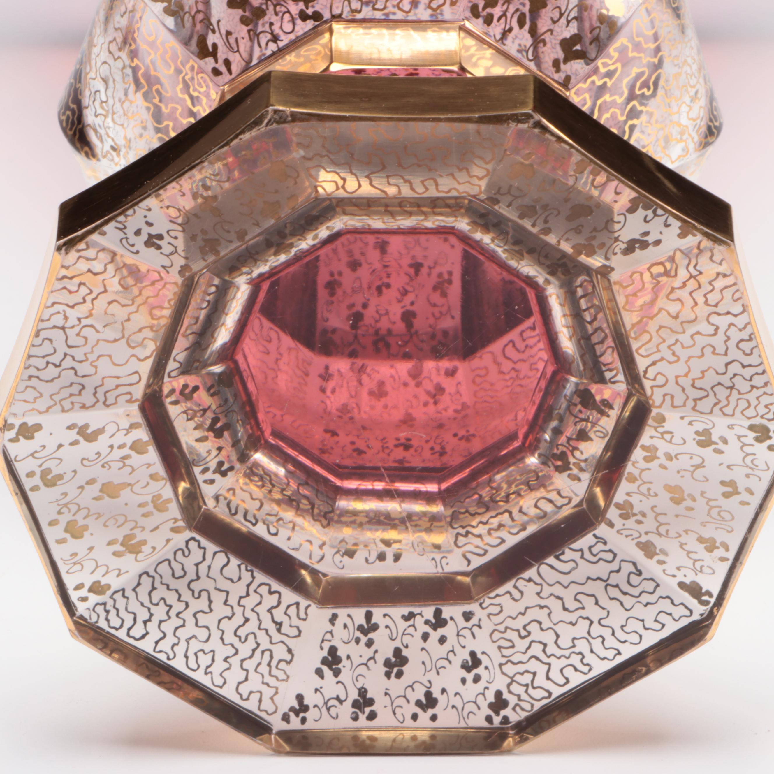 Kusak Cut Glass Works Bohemian Style Gold Panel Cranberry Vase