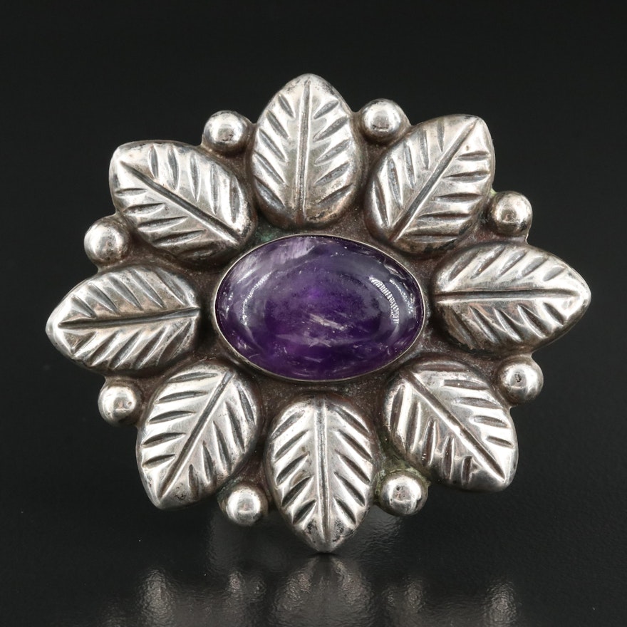 Mexican Sterling Amethyst Flower Brooch