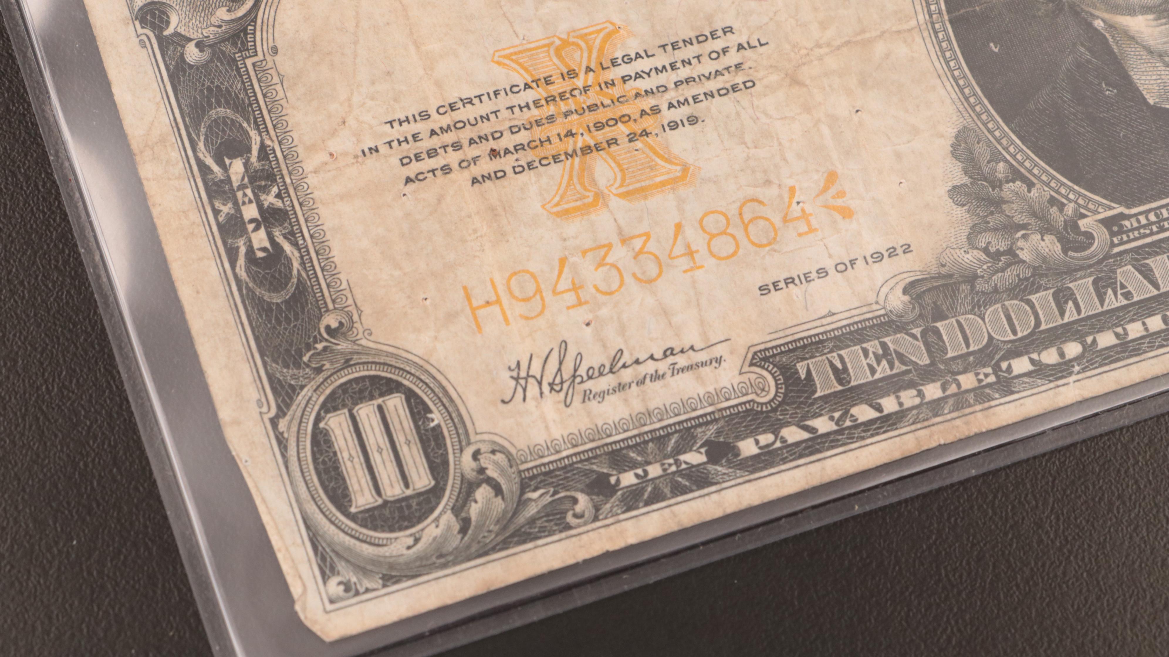 Series of 1922 $10 Gold Certificate