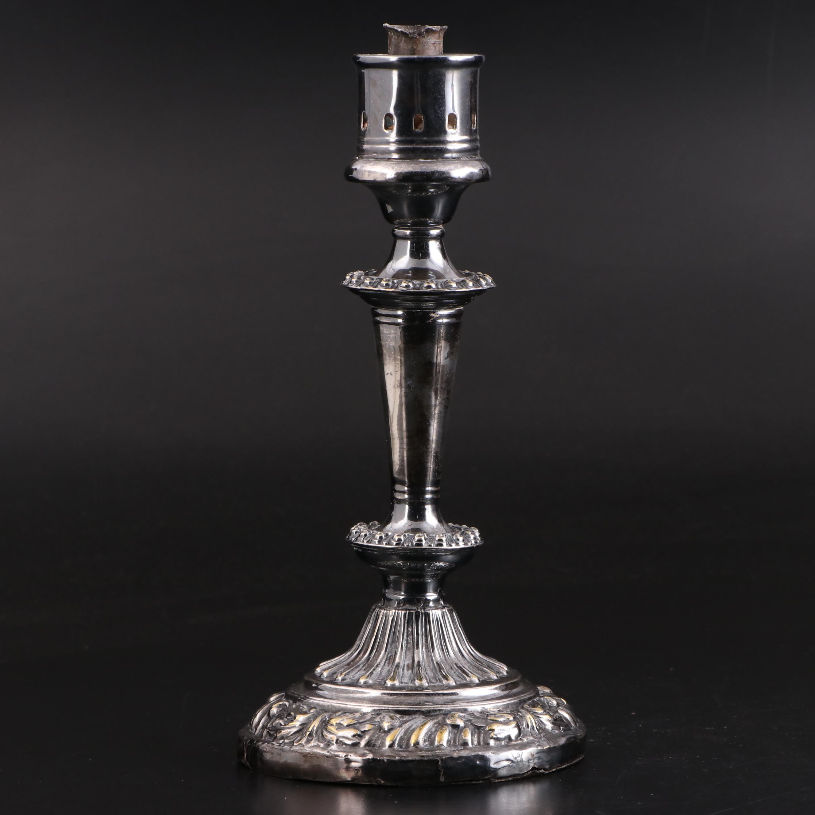 Pair of Victorian Silver Plate on Brass Hurricane Candlesticks, 19th Century