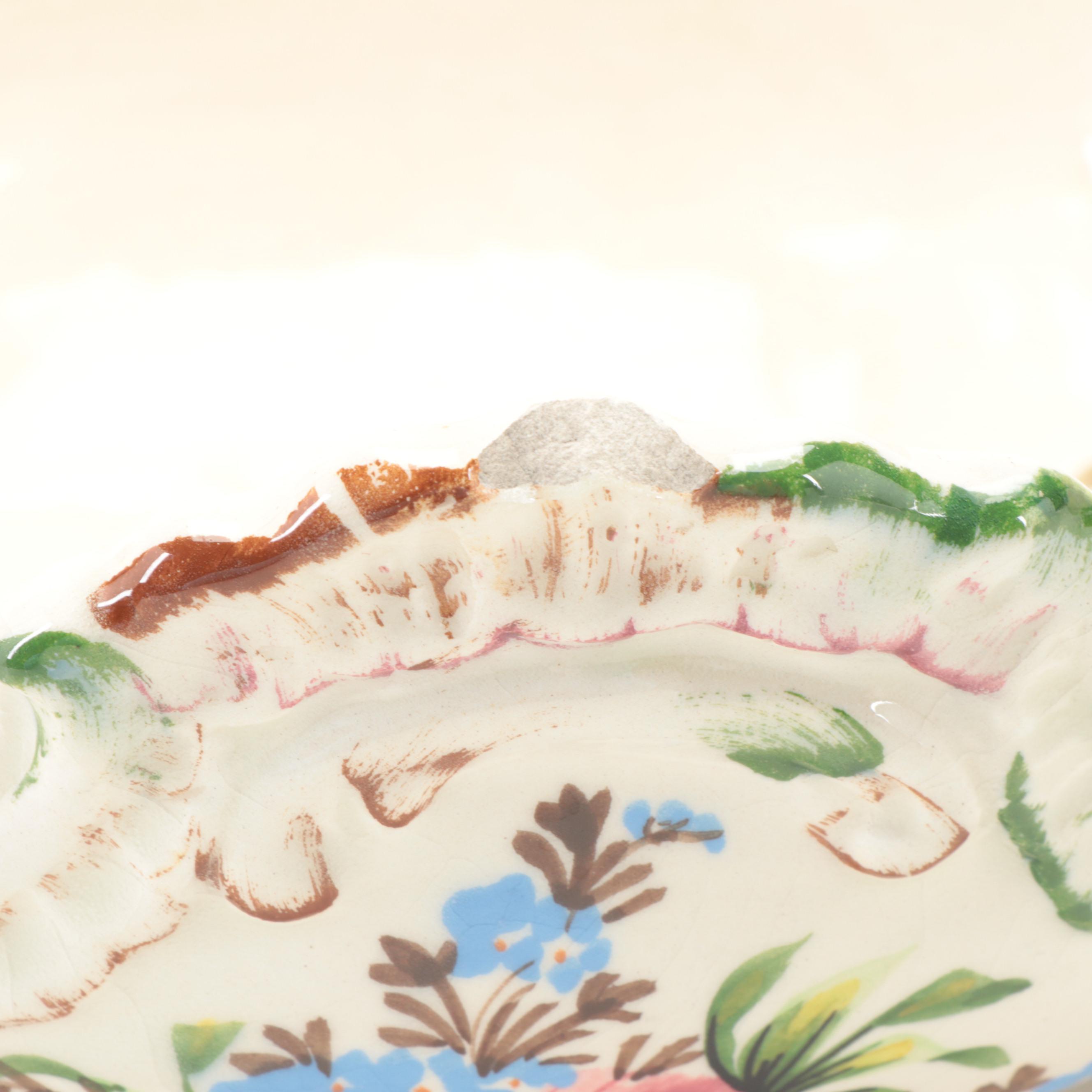 European Faïence Reticulated Ceramic Centerpiece Bowl with Applied Flowers